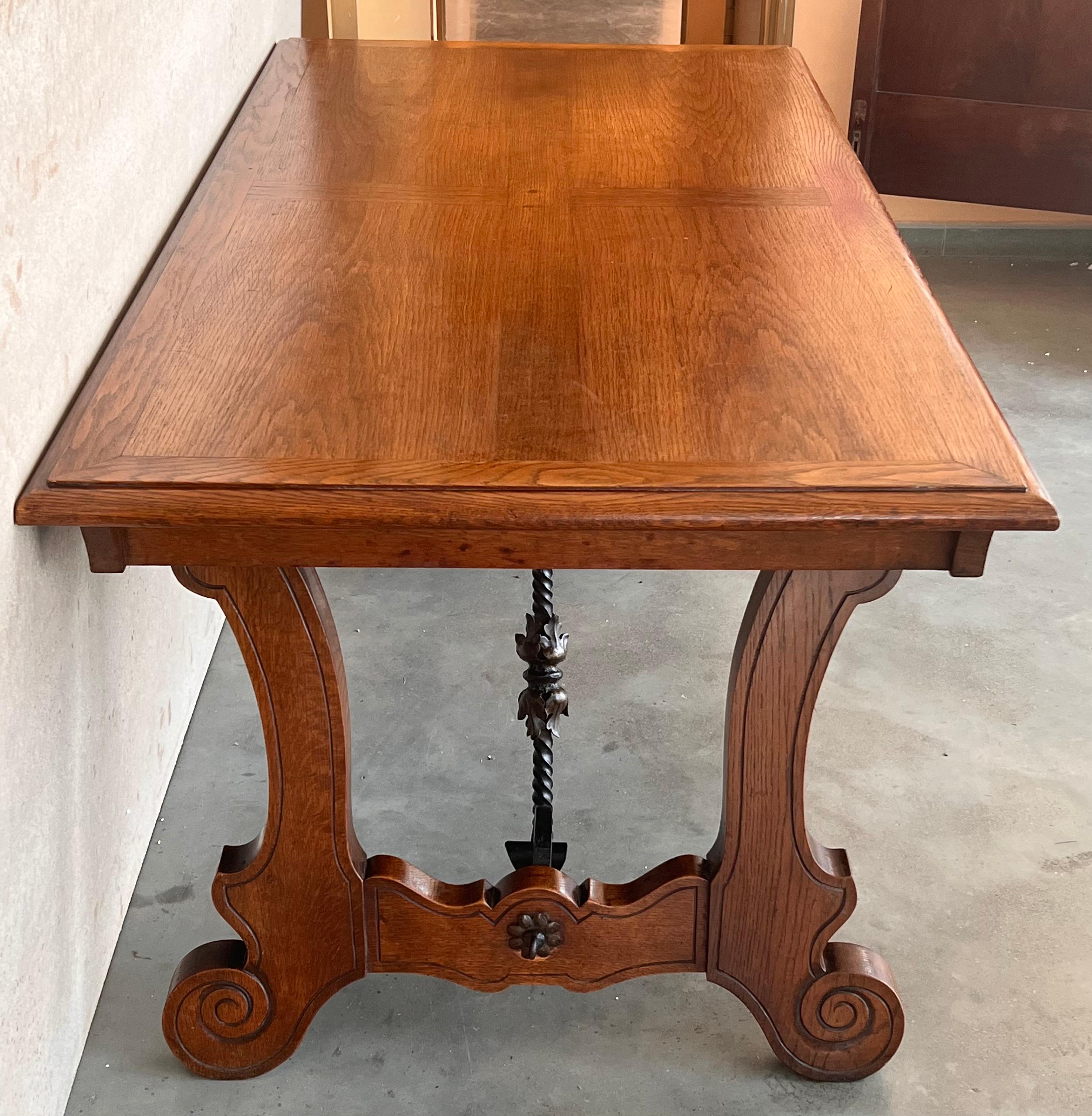 20th Century Spanish Oak Lyre Legs Trestle Dining Farm Table For Sale 3
