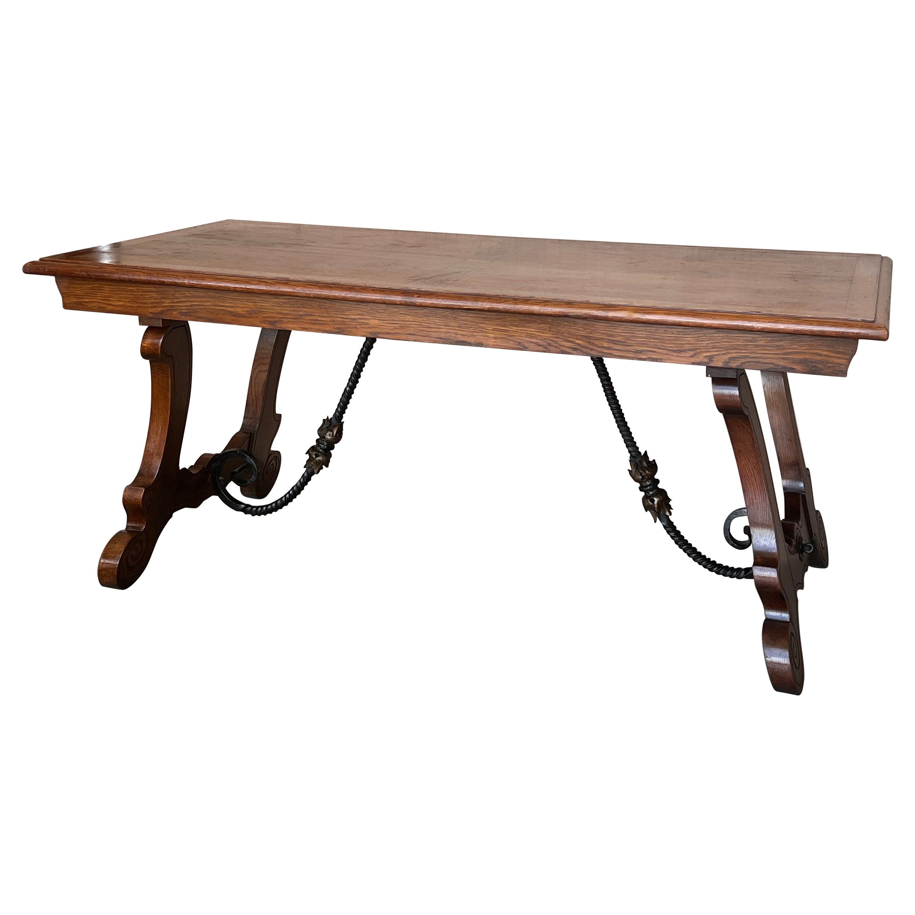 20th Century Spanish Oak Lyre Legs Trestle Dining Farm Table