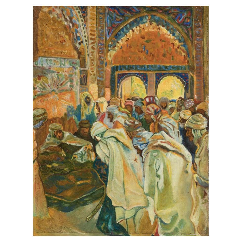 20th Century, Spanish Painting Orientalist School "Audience at the Alhambra" For Sale
