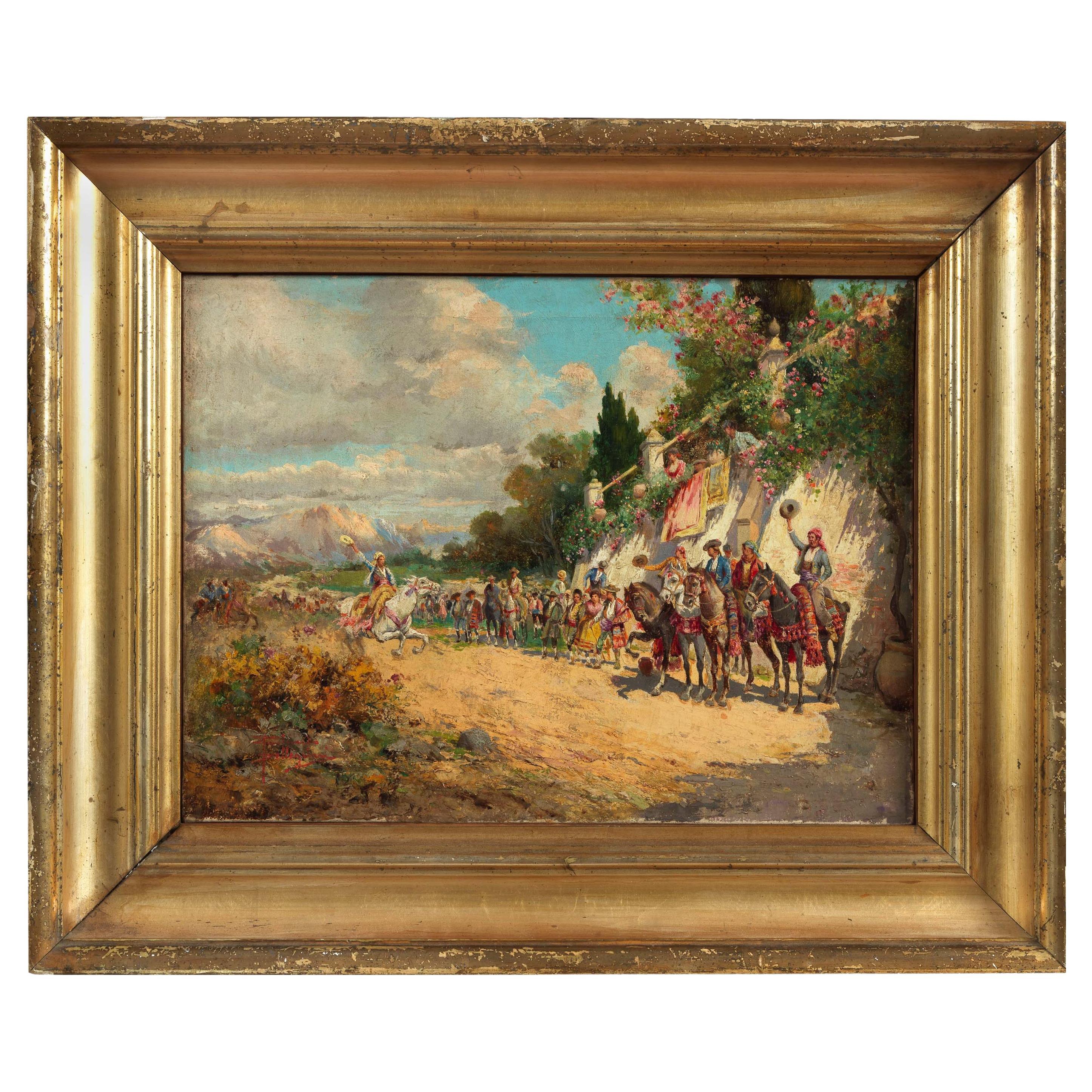 20th Century Spanish Party Painting Oil on Canvas by Riccardo Pellegrini For Sale