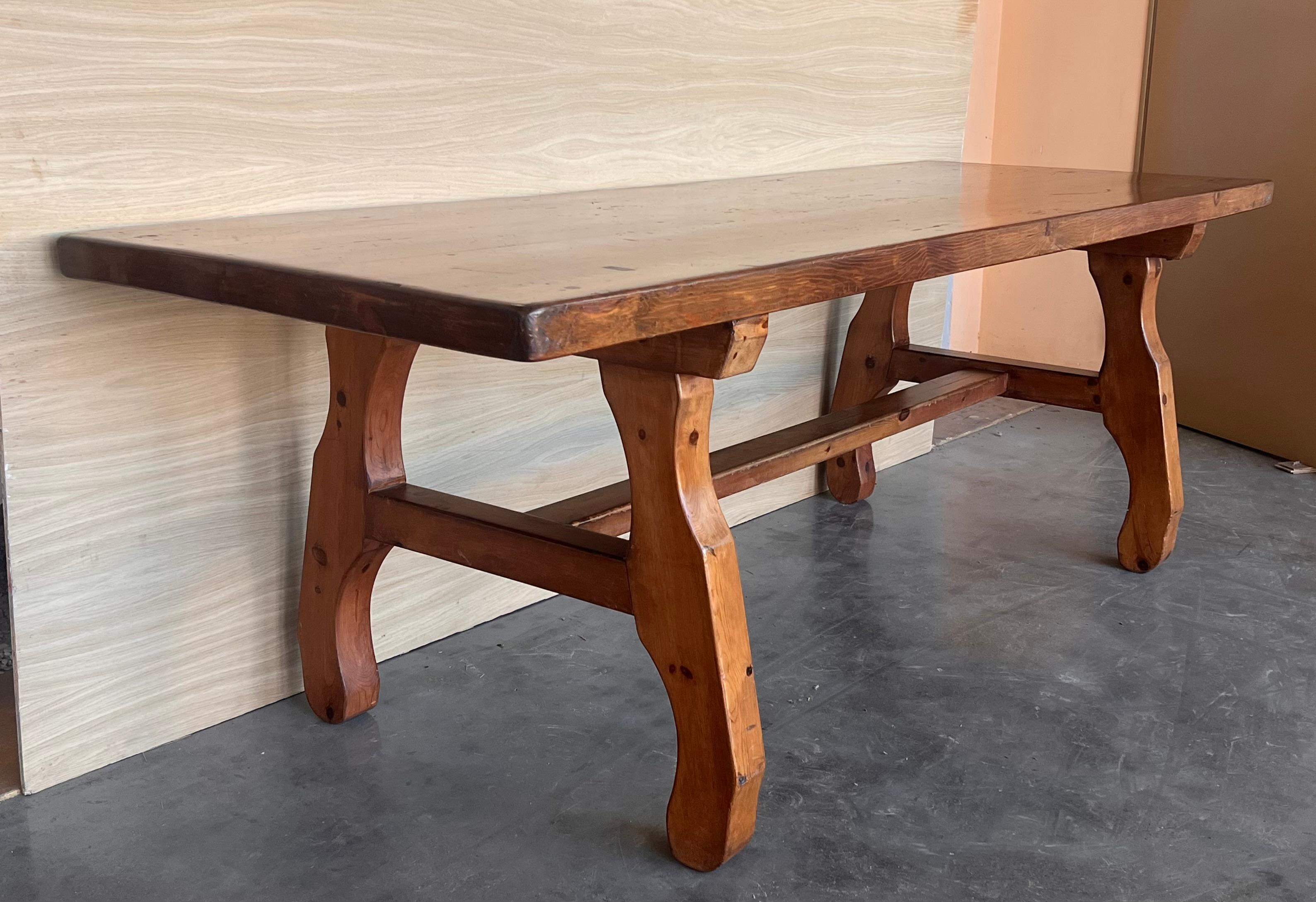 20th Century Spanish Pine Lyre Legs Trestle Dining Farm Table In Good Condition For Sale In Miami, FL