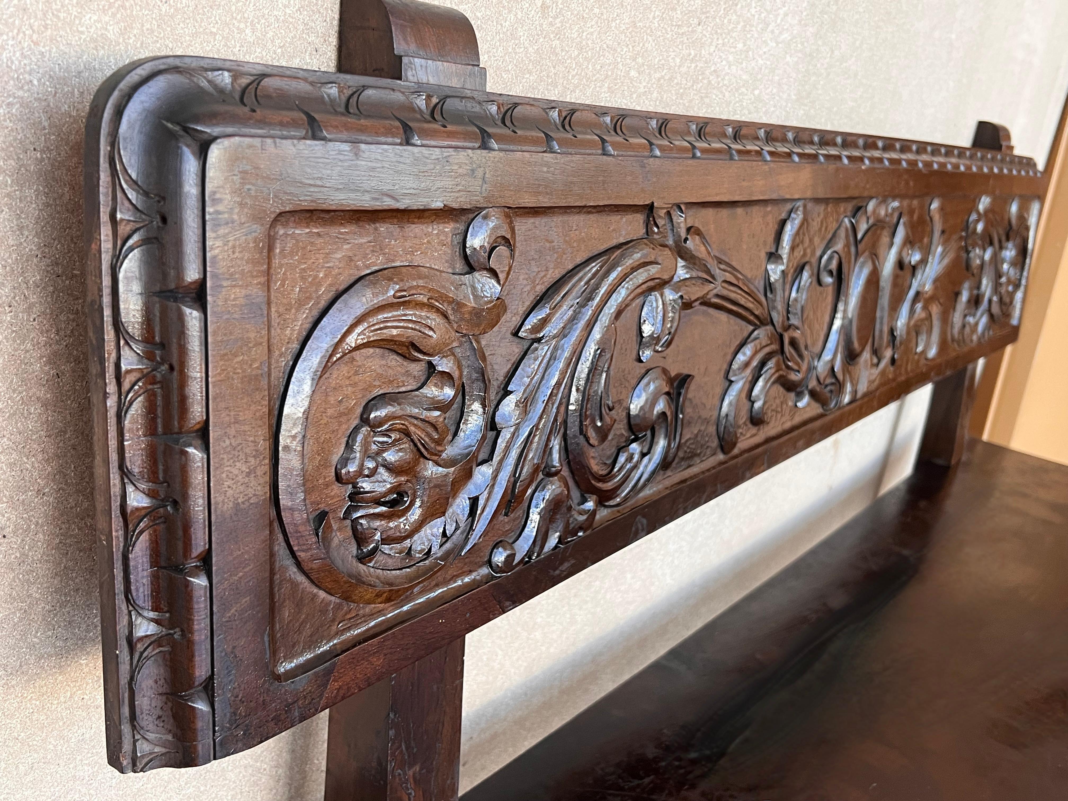 20th Century Spanish Renaissance Carved Walnut Bench Banquette 