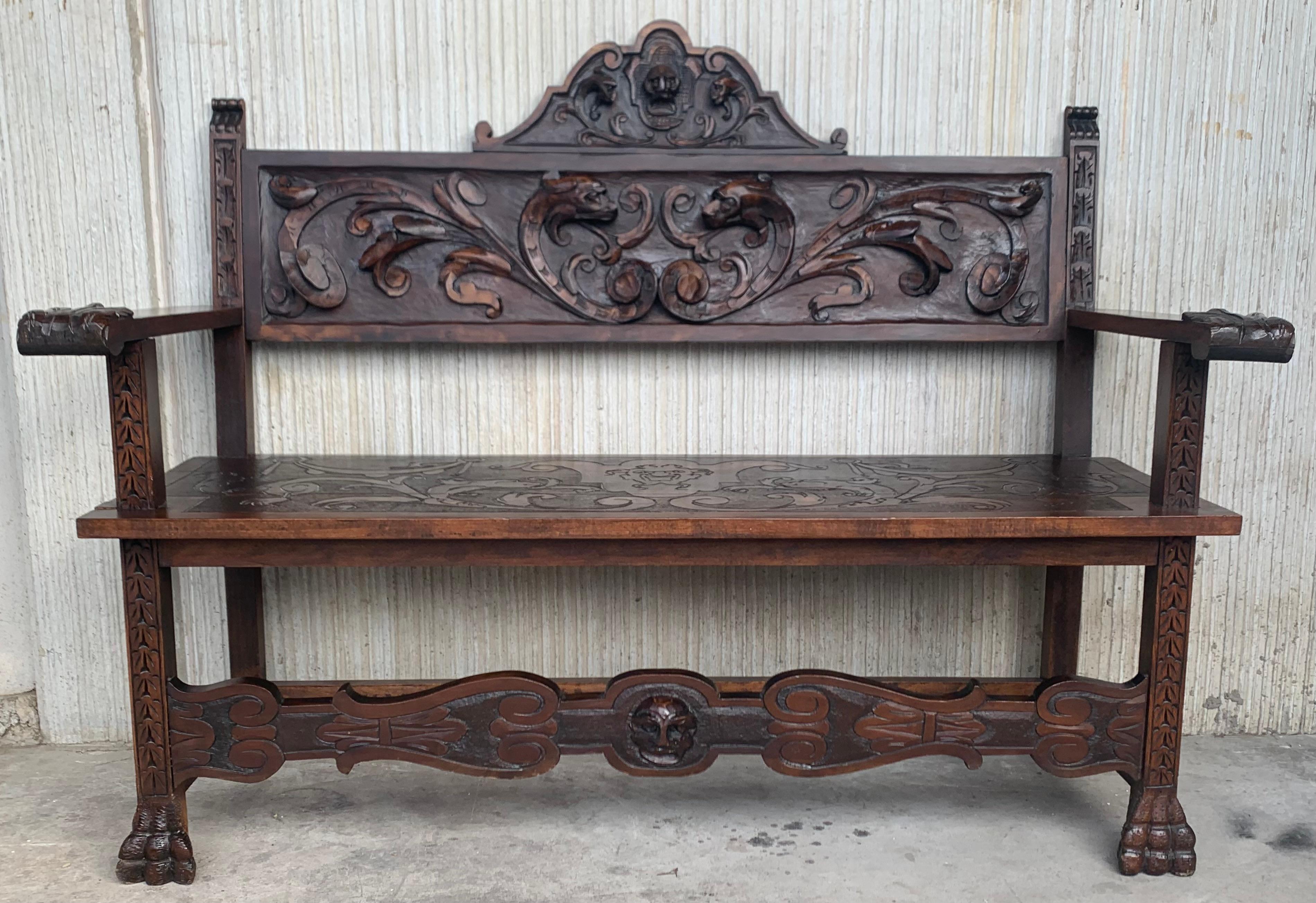 Stunning antique Spanish Renaissance walnut bench, called 