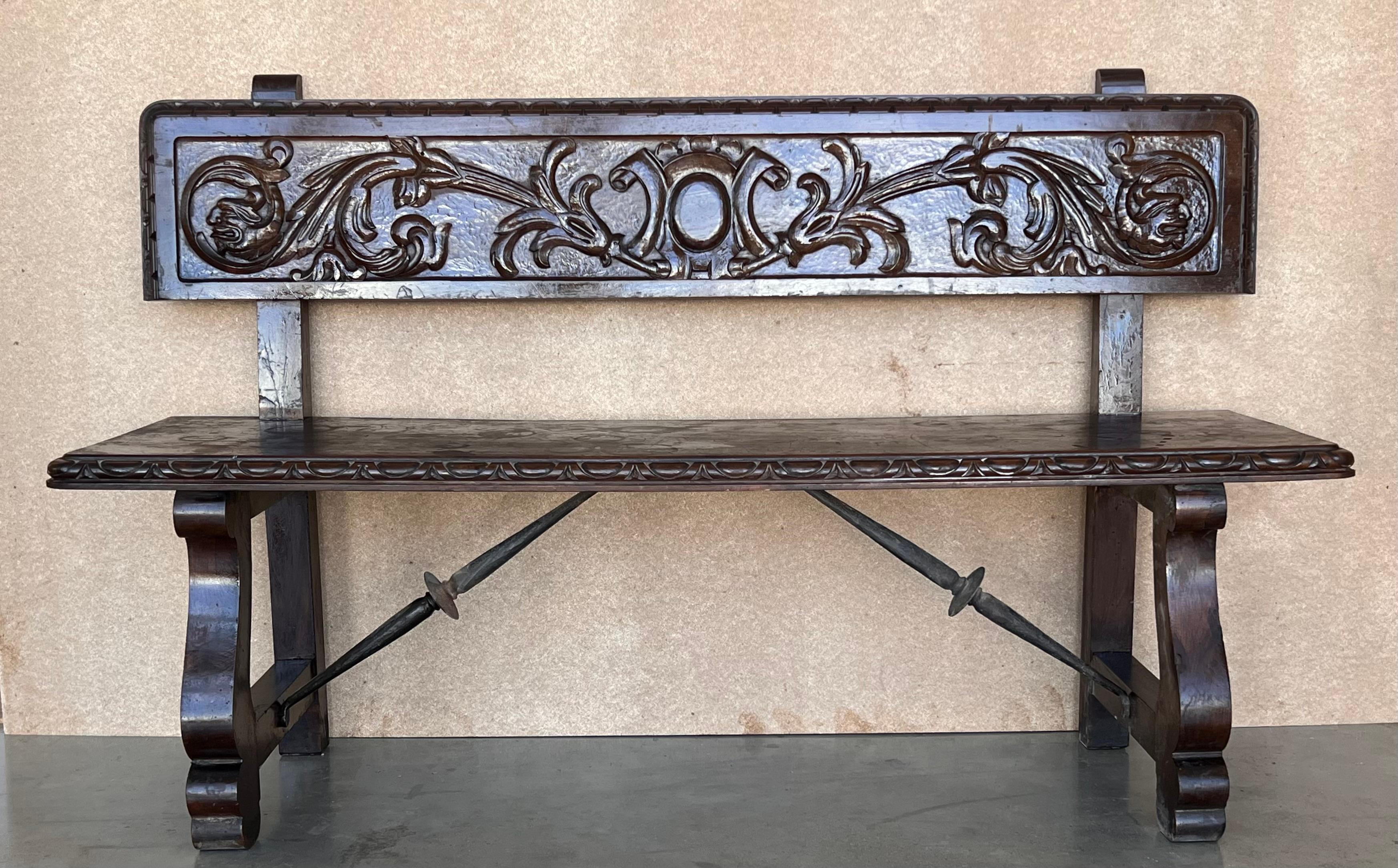 Stunning antique Spanish Renaissance walnut bench, called 