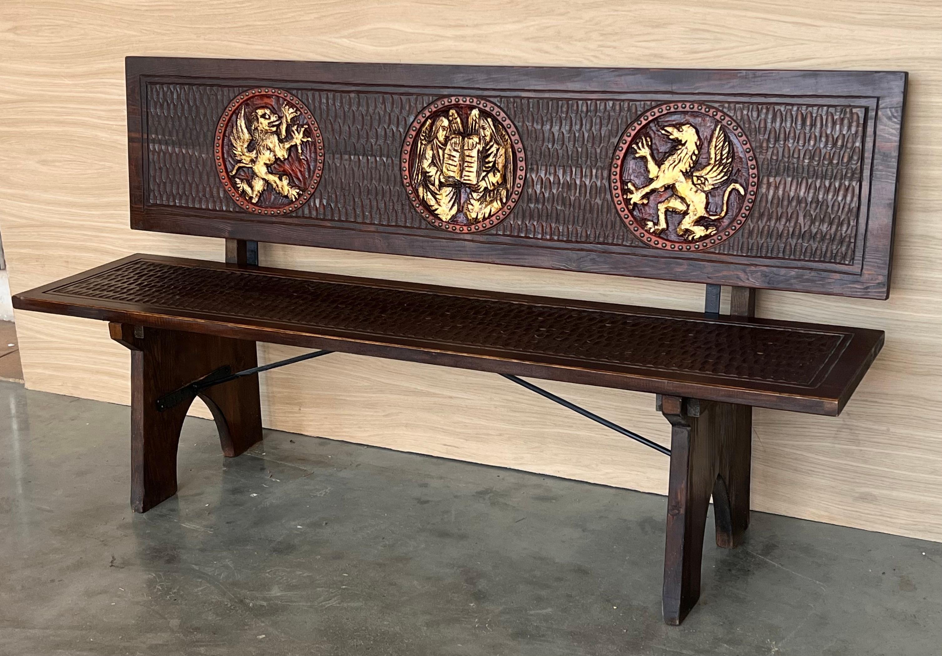 20th Century Spanish Renaissance Carved Walnut Bench Banquette 