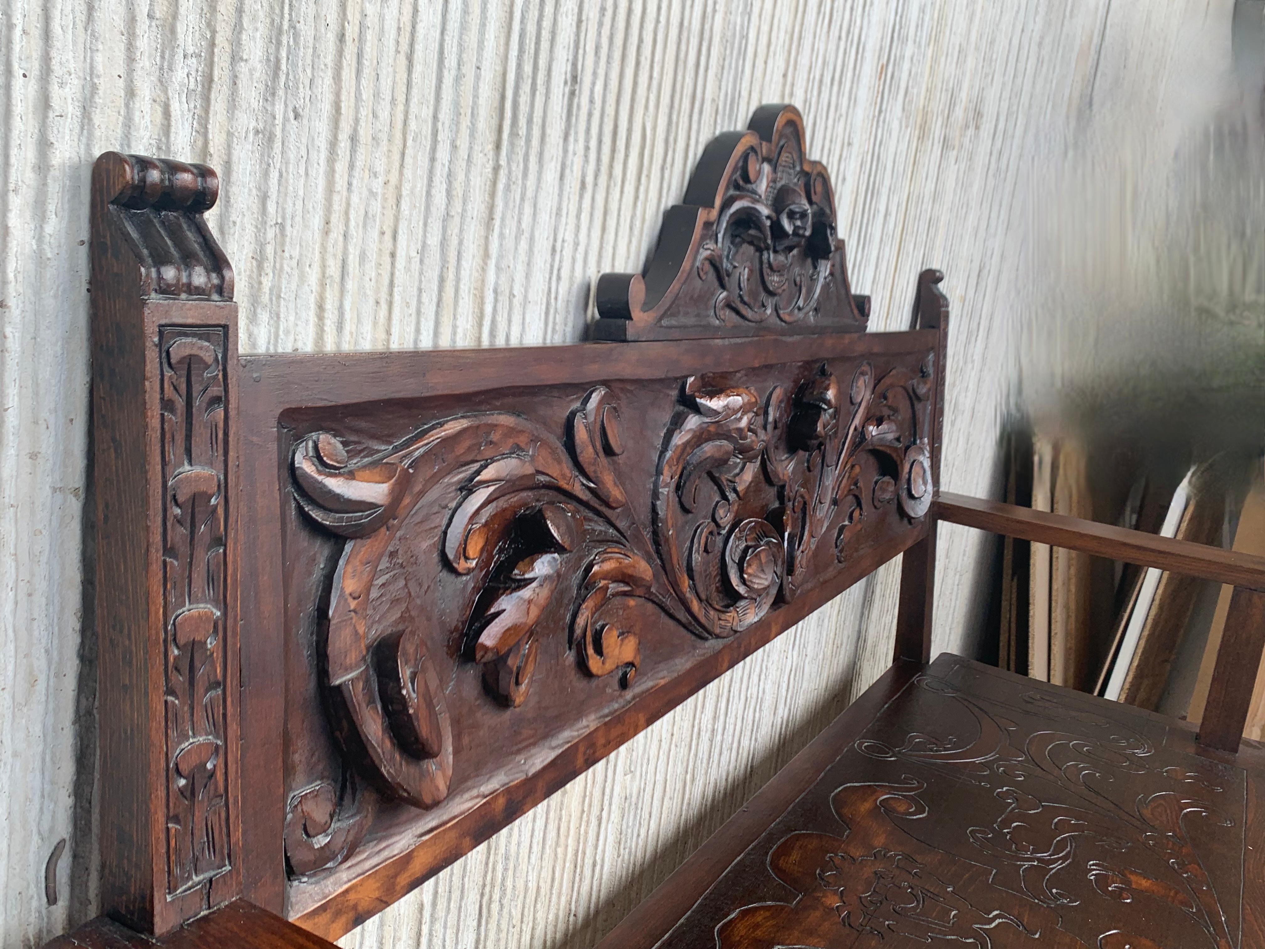 20th Century Spanish Renaissance Carved Walnut Bench Banquette 