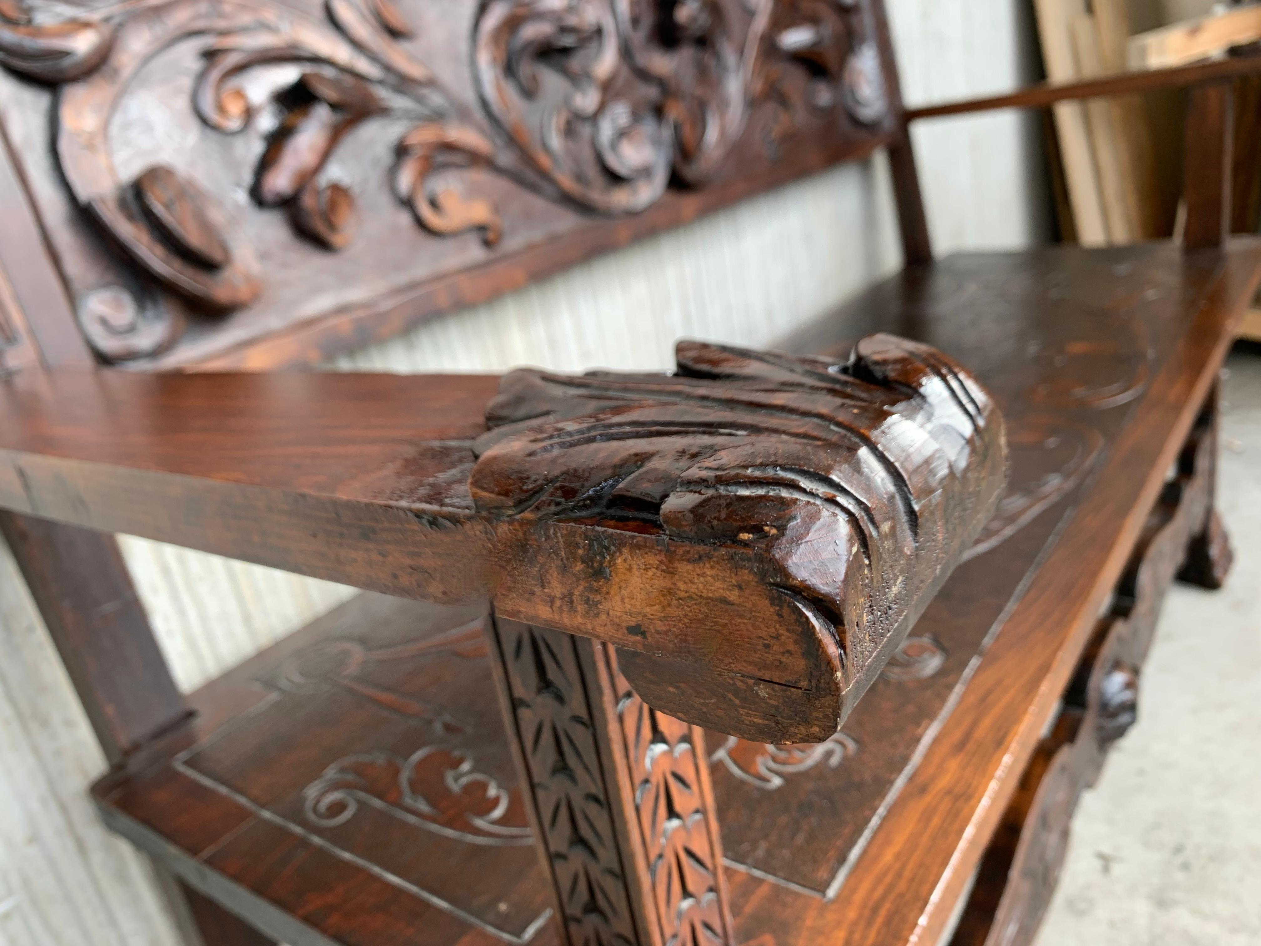 20th Century Spanish Renaissance Carved Walnut Bench Banquette 