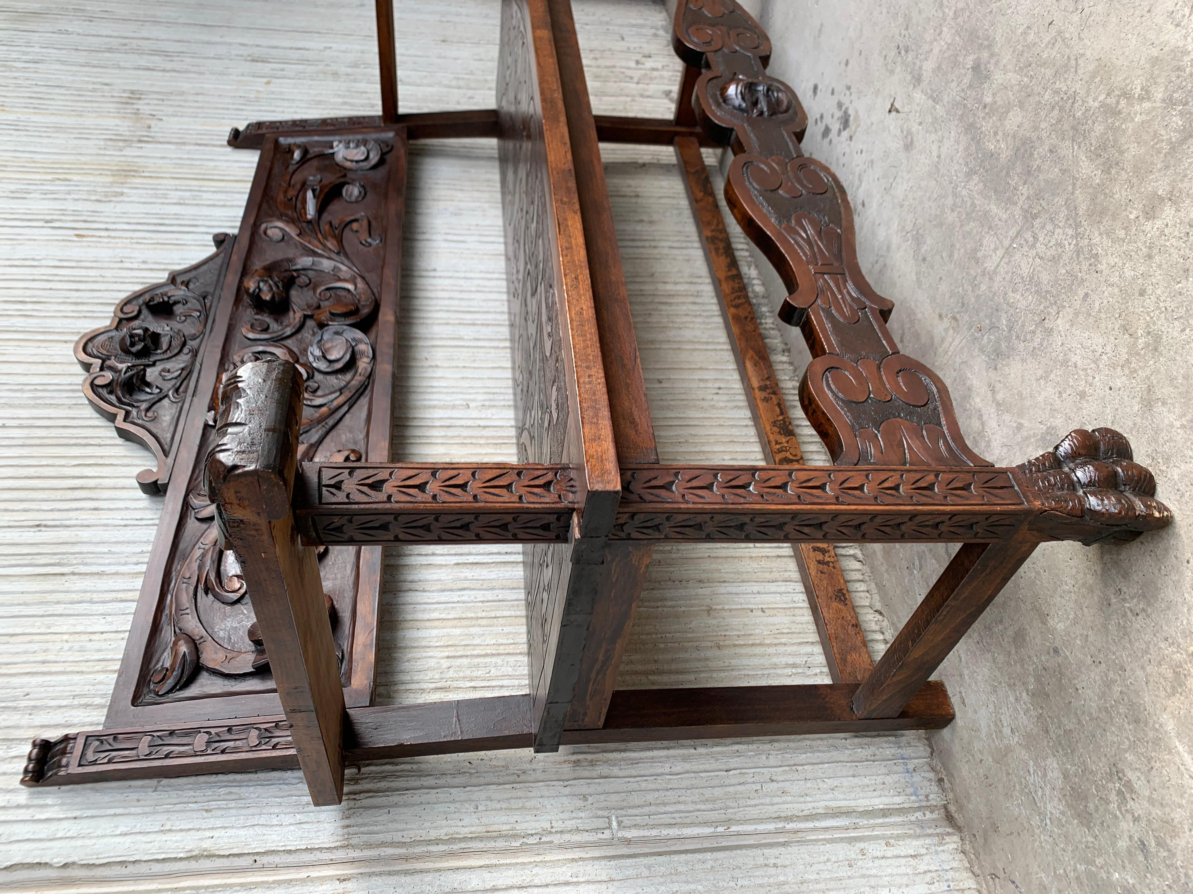 20th Century Spanish Renaissance Carved Walnut Bench Banquette 