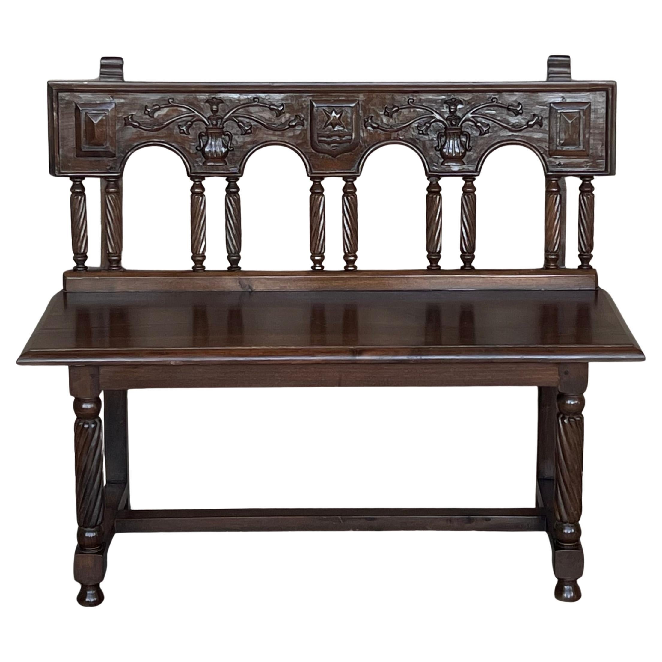 20th Century Spanish Renaissance Carved Walnut Bench Banquette "Escaño" For Sale