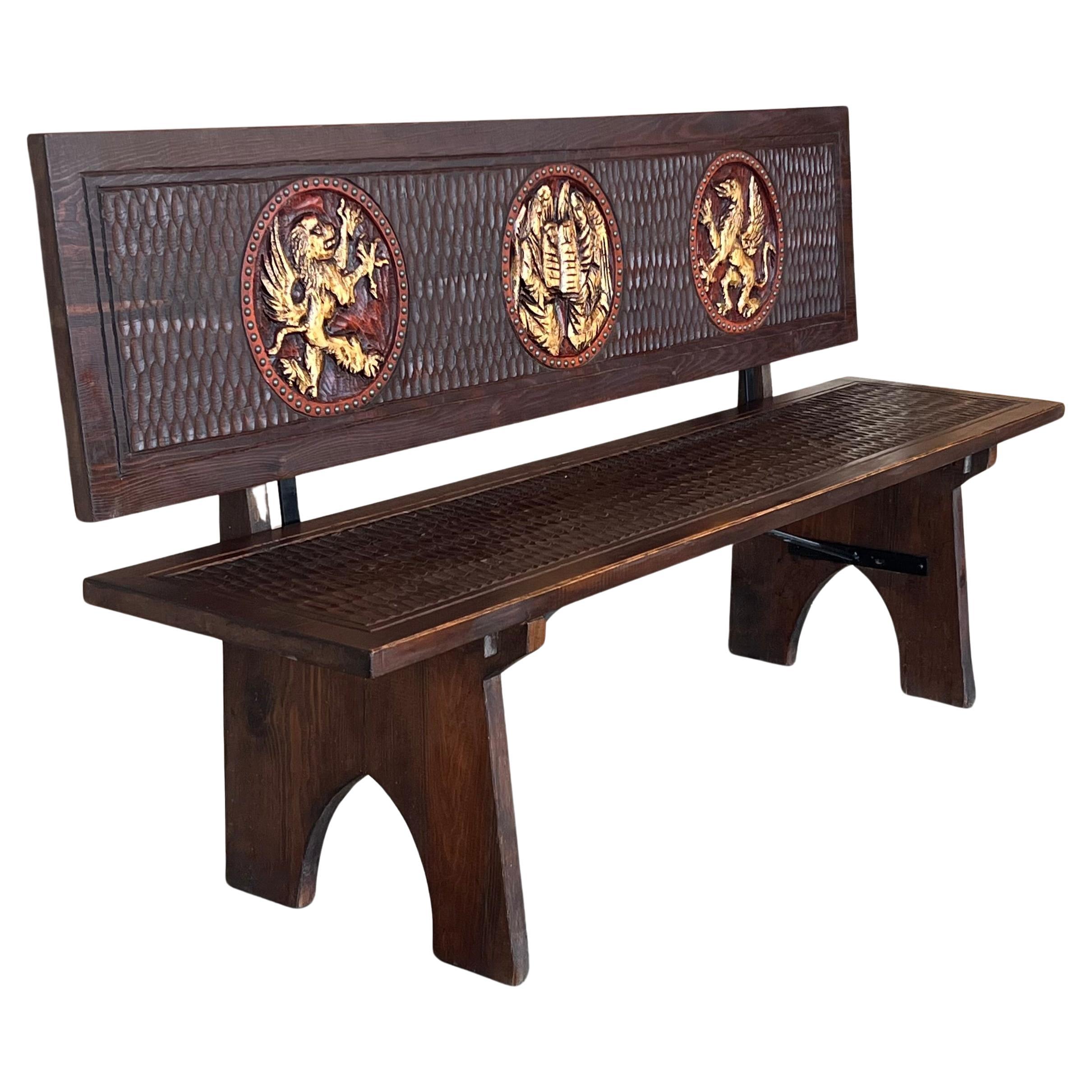 20th Century Spanish Renaissance Carved Walnut Bench Banquette "Escaño" For Sale