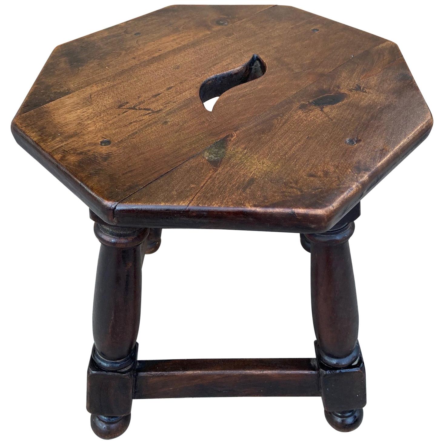 20th Century Spanish Rustic Walnut Low Stool or Low Table