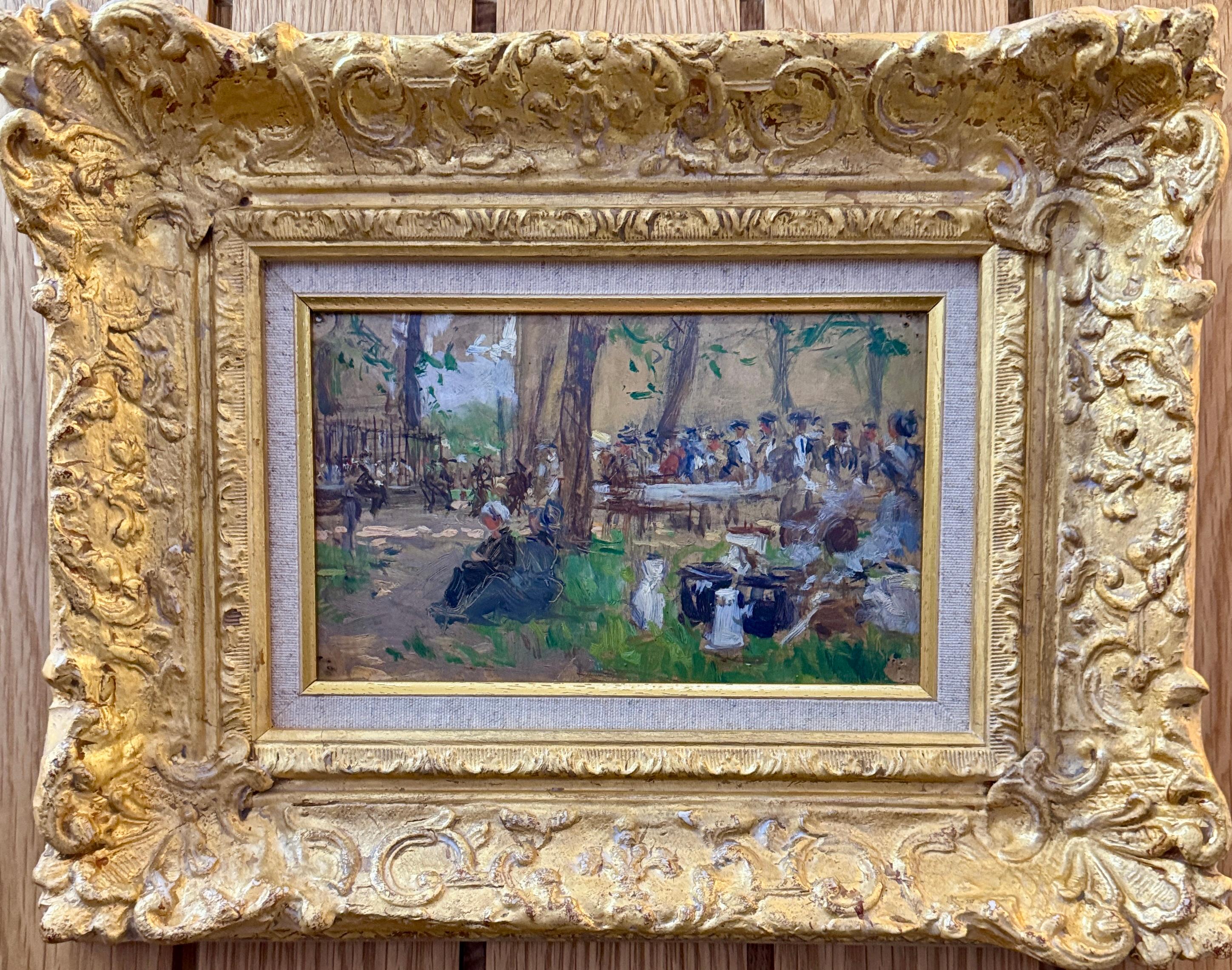 Early 20th century Impressionist Spanish figures resting in a ParkLand landscape