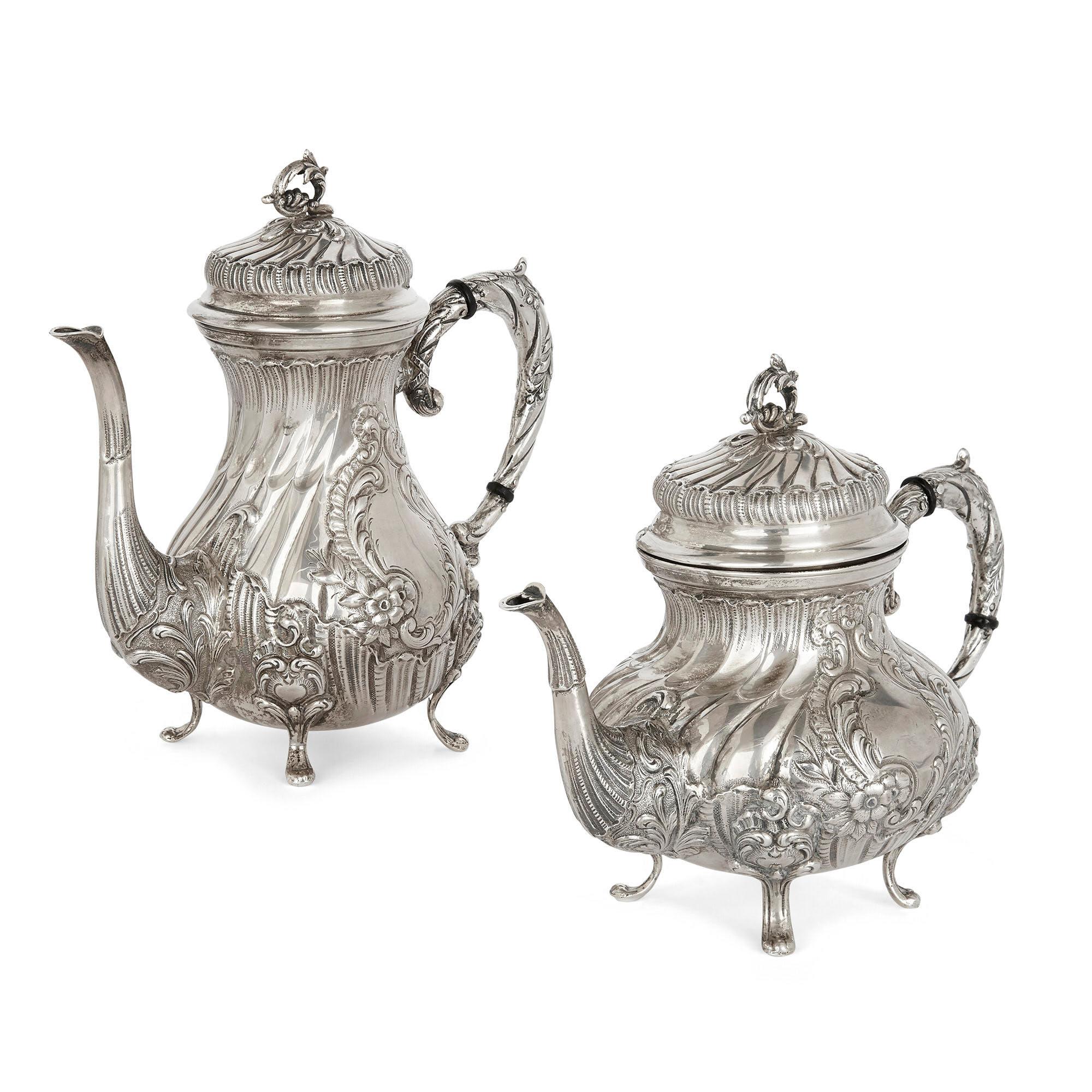 Ebonized 20th Century Spanish Silver Rococo Style Tea and Coffee Service For Sale