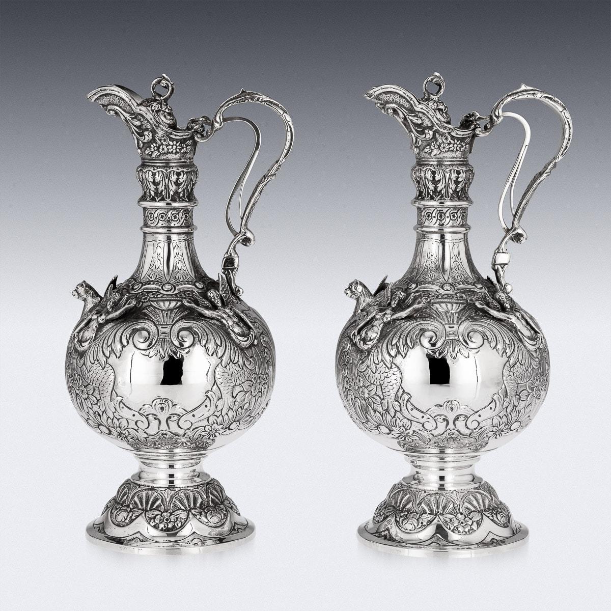 20th Century Spanish Solid Silver Pair of Armada Ewers, J Perez, C.1950 In Good Condition In Royal Tunbridge Wells, Kent
