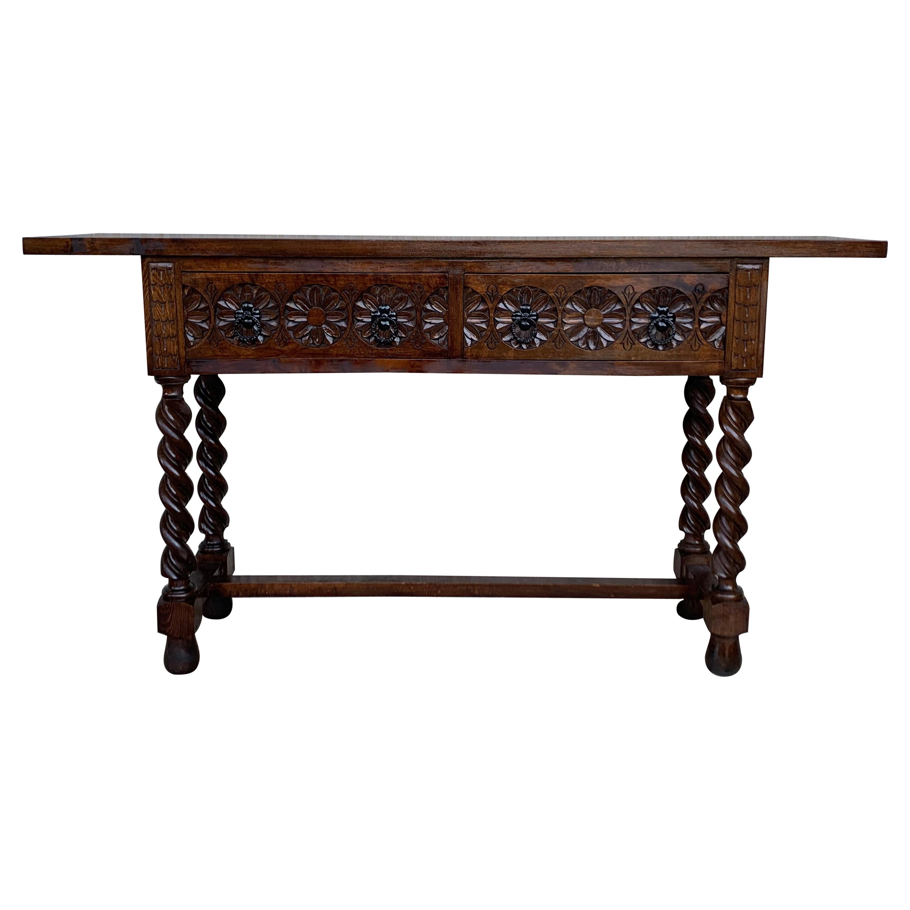 20th Century Spanish Tuscan Console Table with Two Drawers and Solomonic Legs