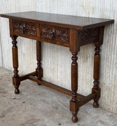 20th Century Spanish Tuscan Console Table with Two Drawers and Turned Legs