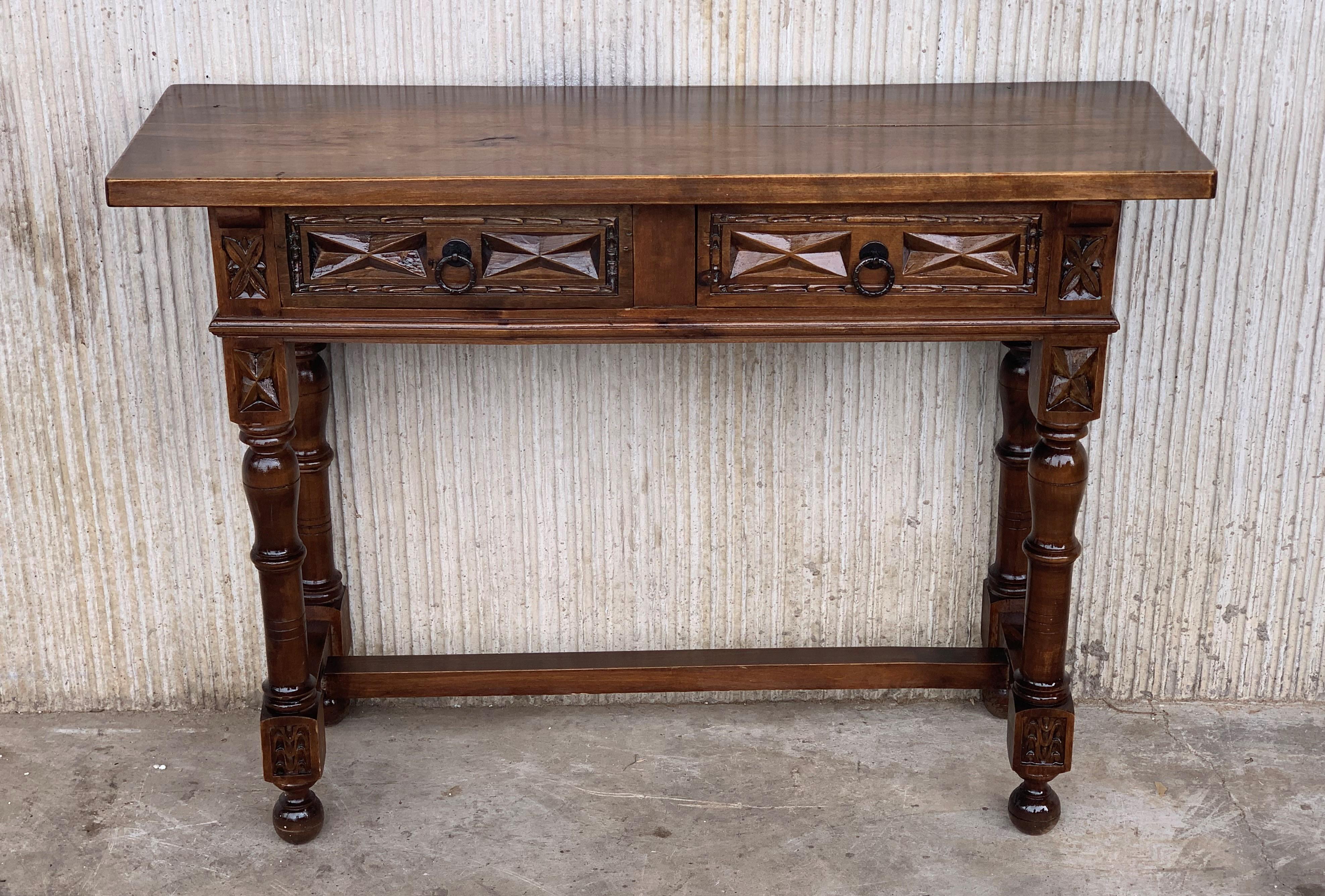 Baroque 20th Century Spanish Tuscan Console Table with Two Drawers and Turned Legs
