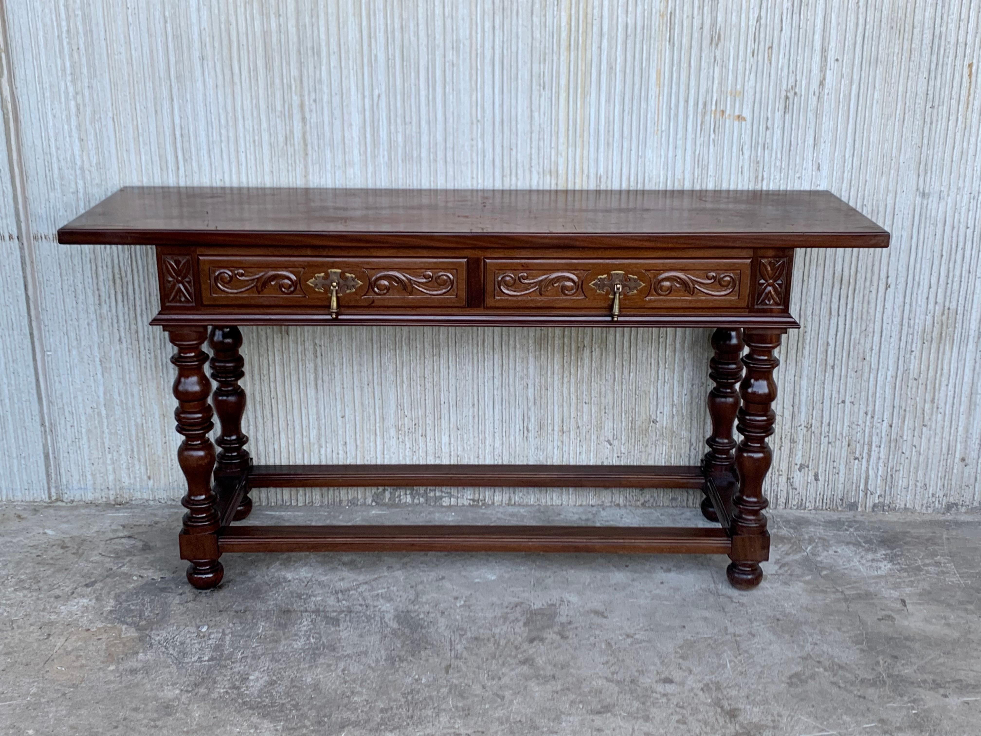 Baroque 20th Century Spanish Tuscan Console Table with Two Drawers and Turned Legs