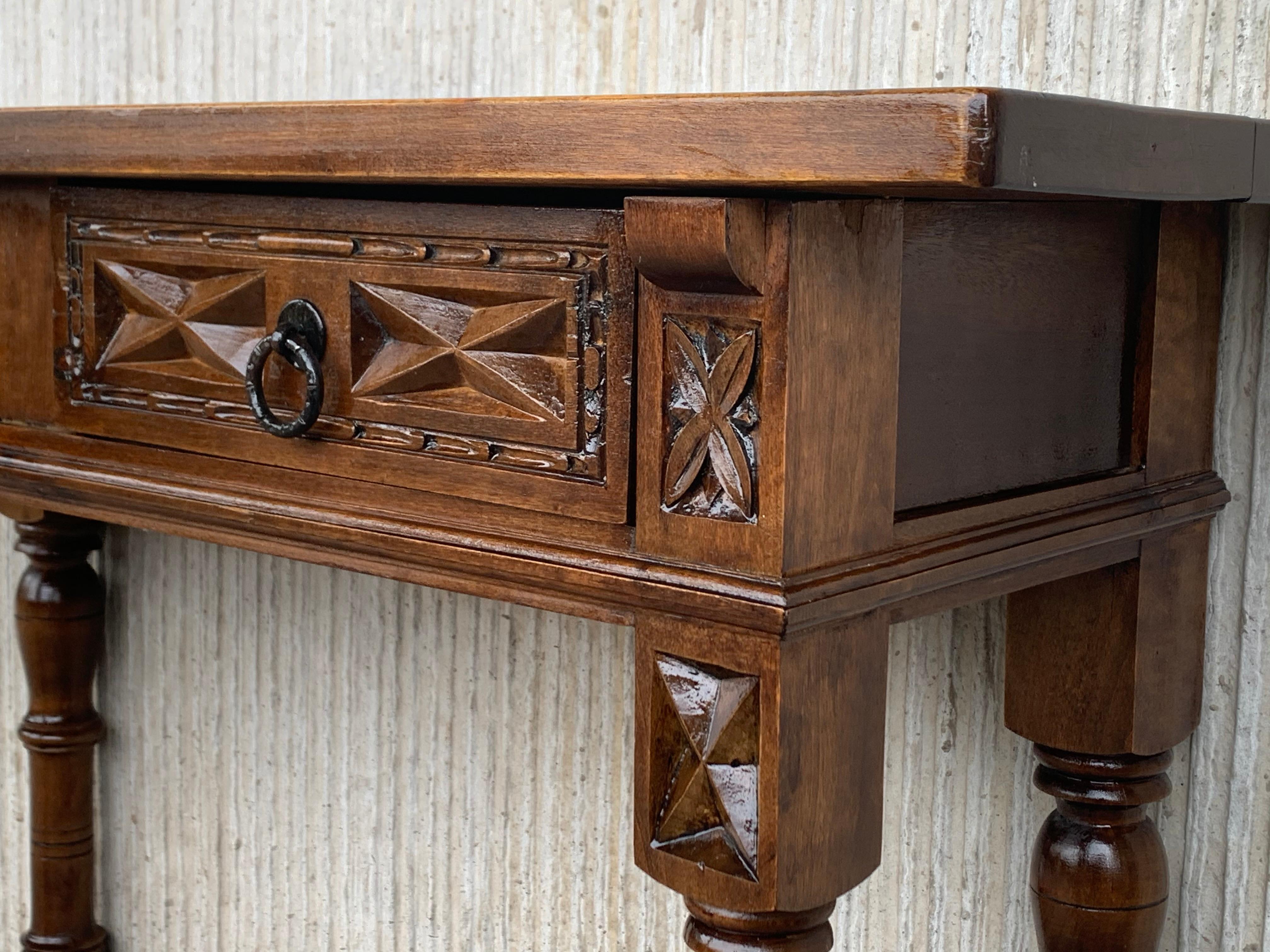 19th Century 20th Century Spanish Tuscan Console Table with Two Drawers and Turned Legs