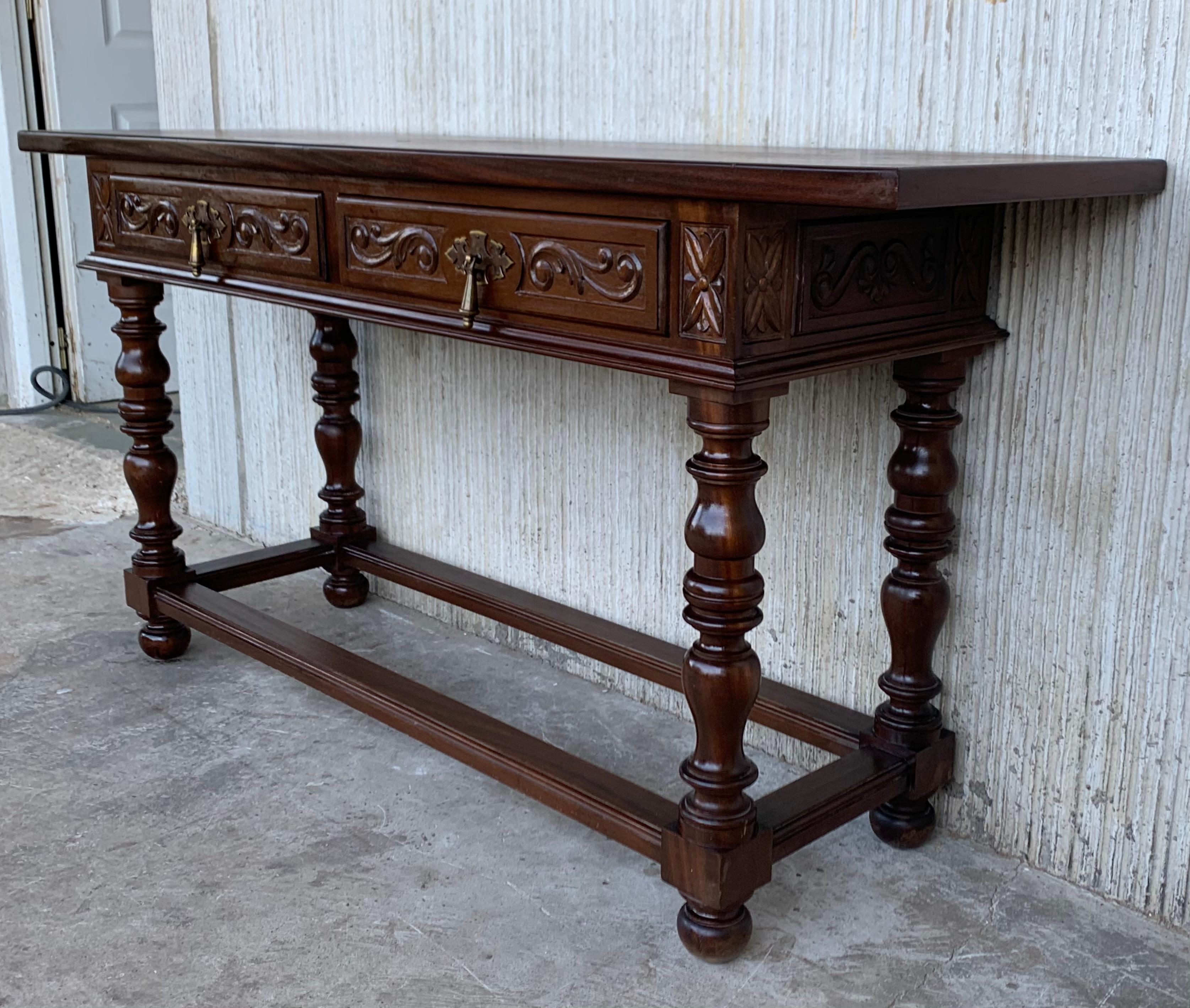 Iron 20th Century Spanish Tuscan Console Table with Two Drawers and Turned Legs