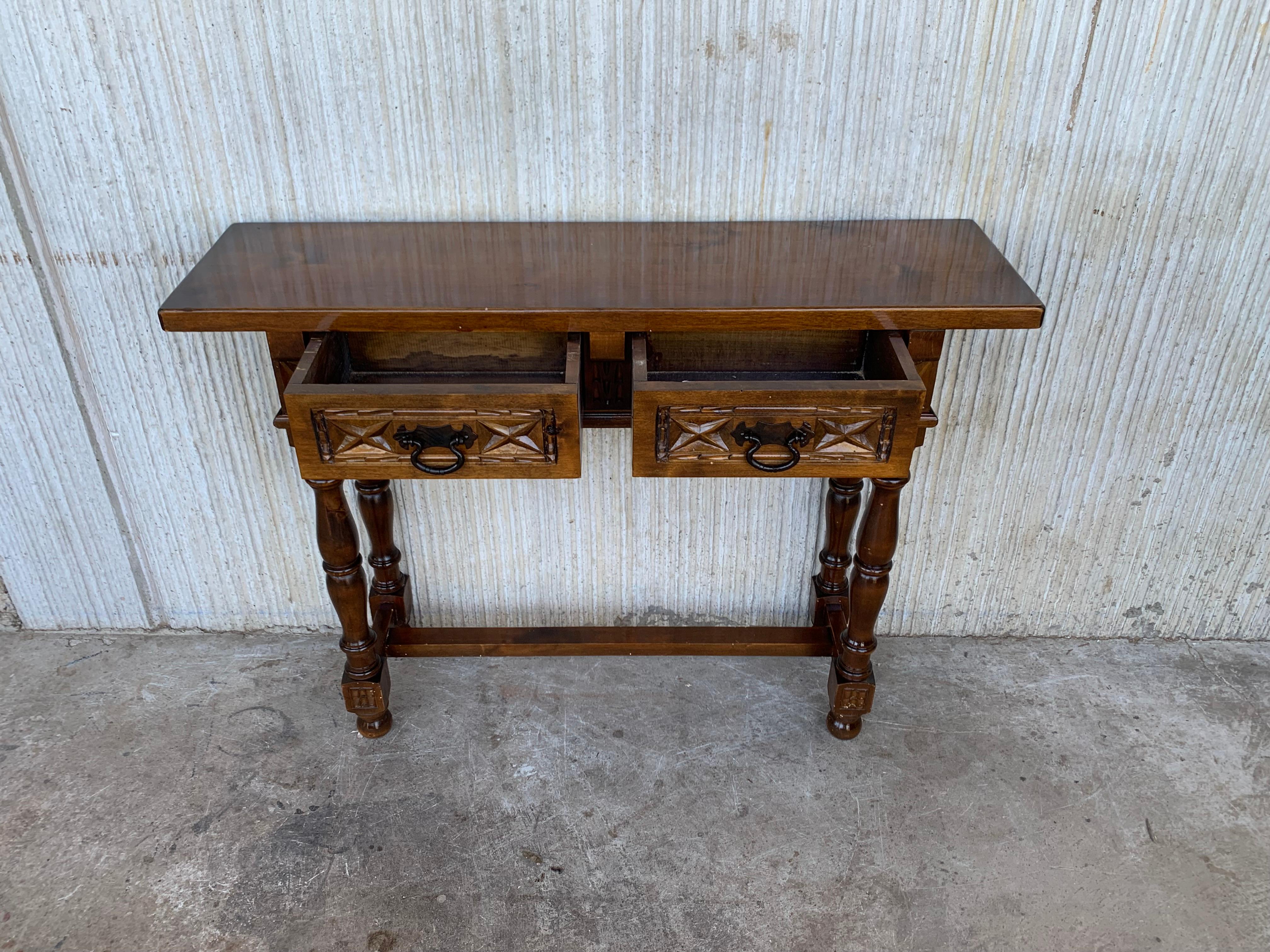Baroque 20th Century Spanish Tuscan Console Table with Two Drawers and Turned Legs