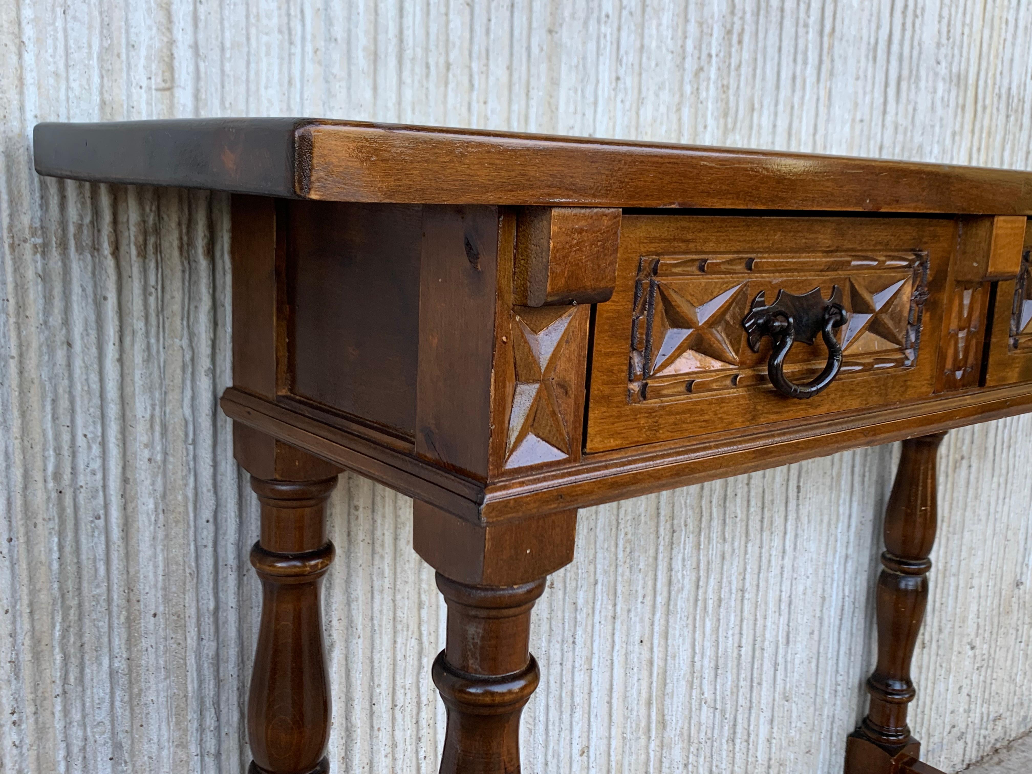 Iron 20th Century Spanish Tuscan Console Table with Two Drawers and Turned Legs For Sale