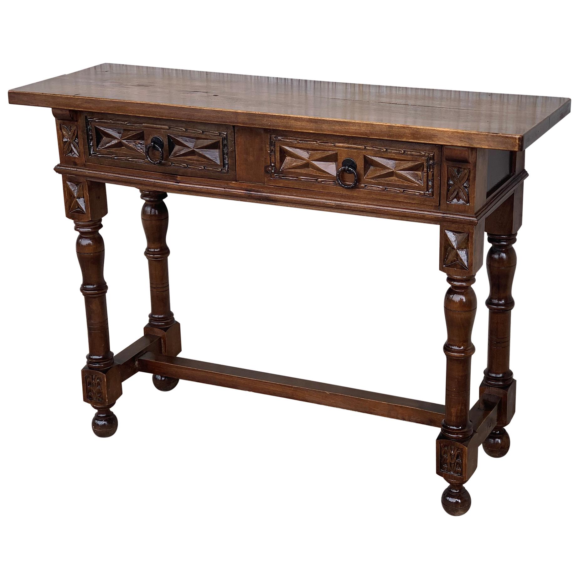 20th Century Spanish Tuscan Console Table with Two Drawers and Turned Legs