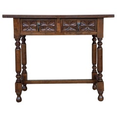 20th Century Spanish Tuscan Console Table with Two Drawers and Turned Legs