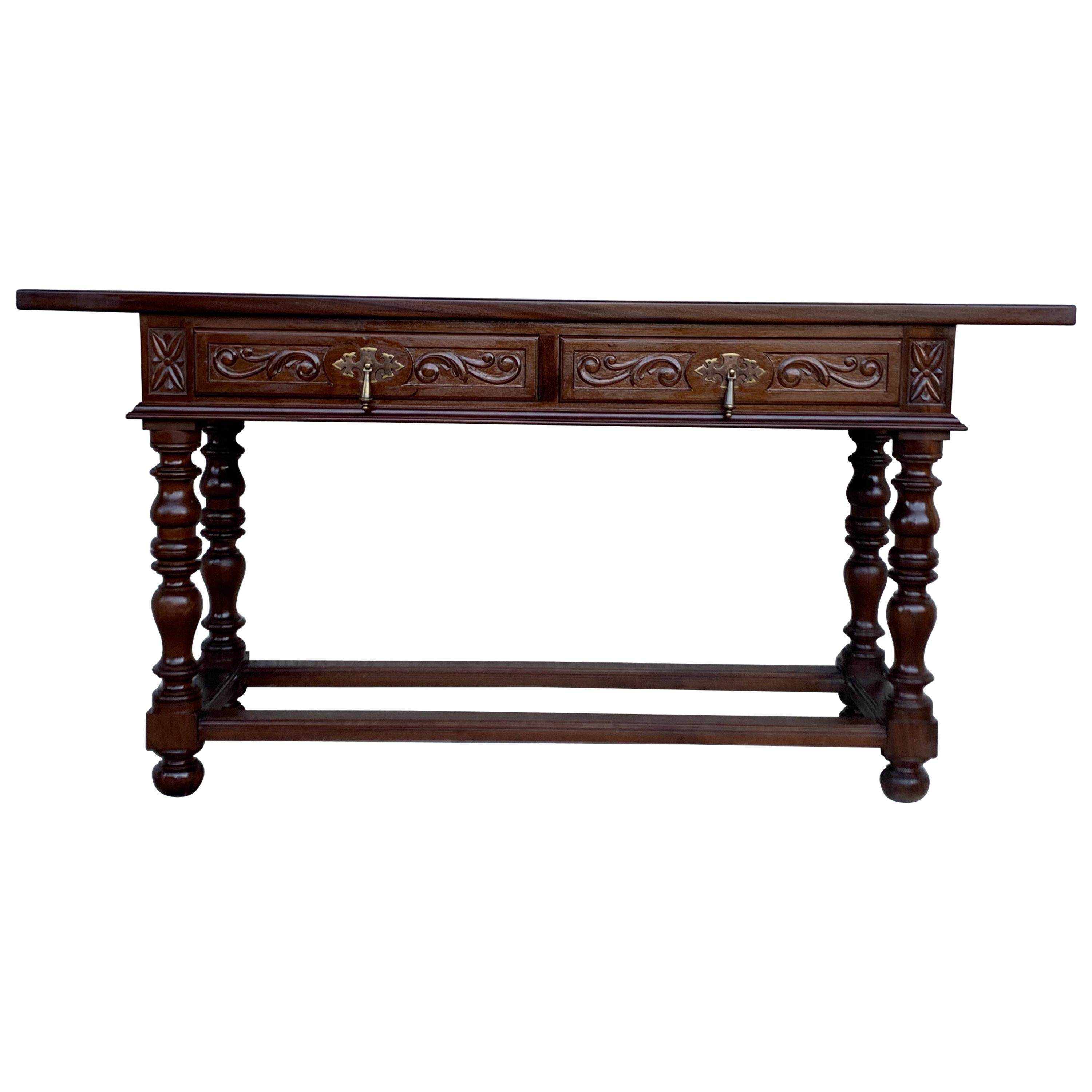 20th Century Spanish Tuscan Console Table with Two Drawers and Turned Legs