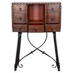 20th Century Spanish Vargano Style Leather Cupboard on Ebonised Stand