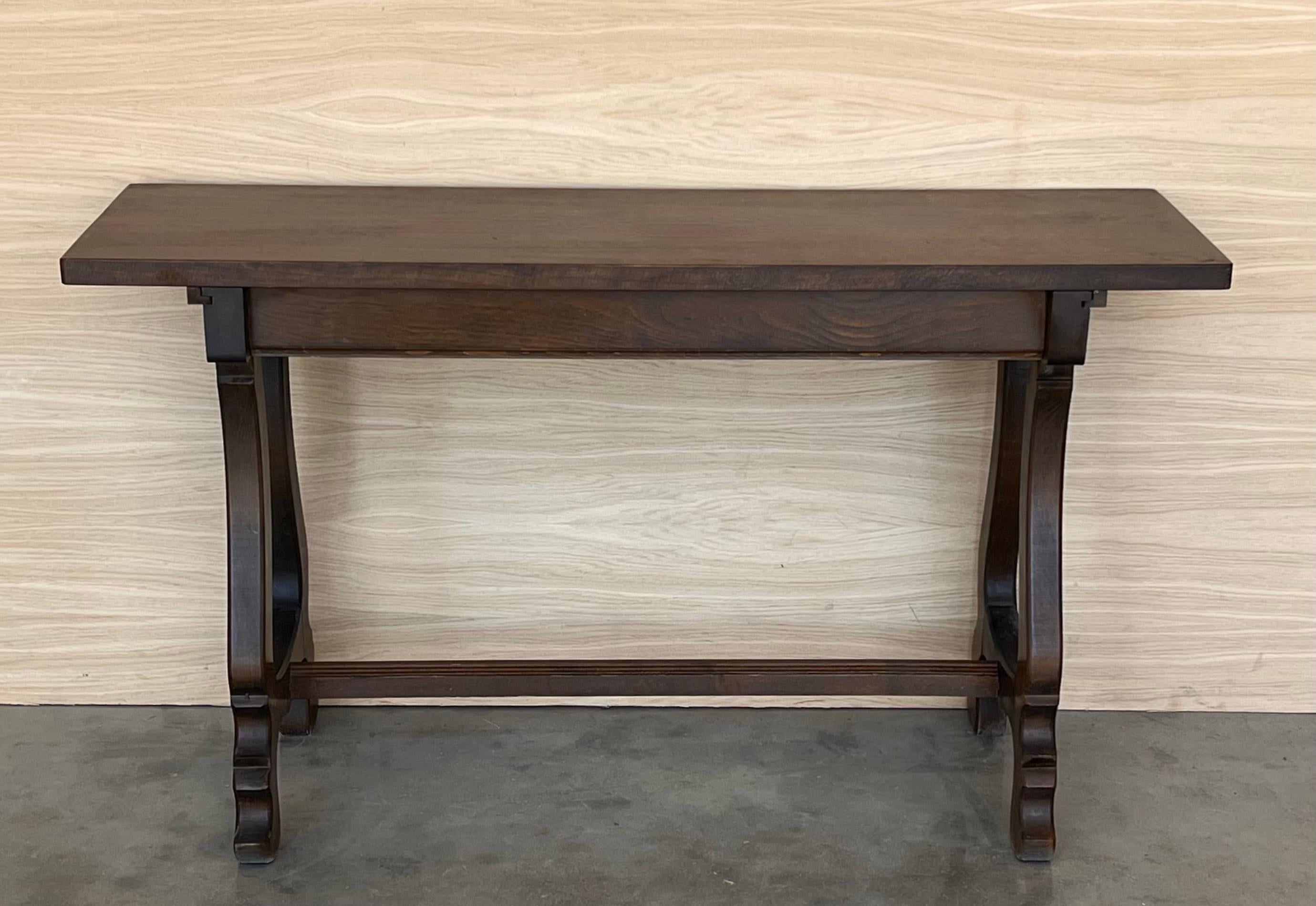 Spanish Colonial 20th Century Spanish Walnut Console  Farm Table with Wood Stretcher