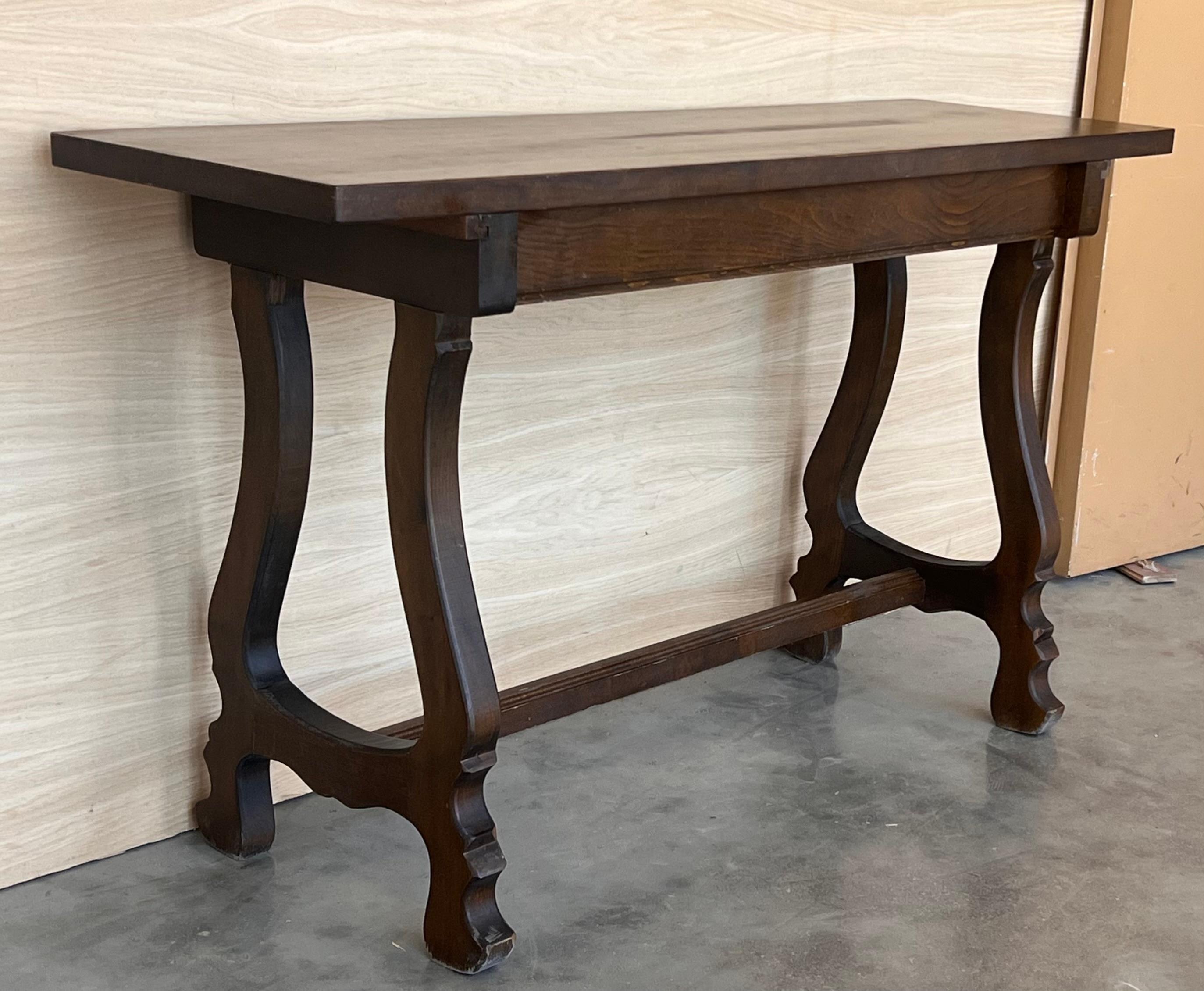 20th Century Spanish Walnut Console  Farm Table with Wood Stretcher 1