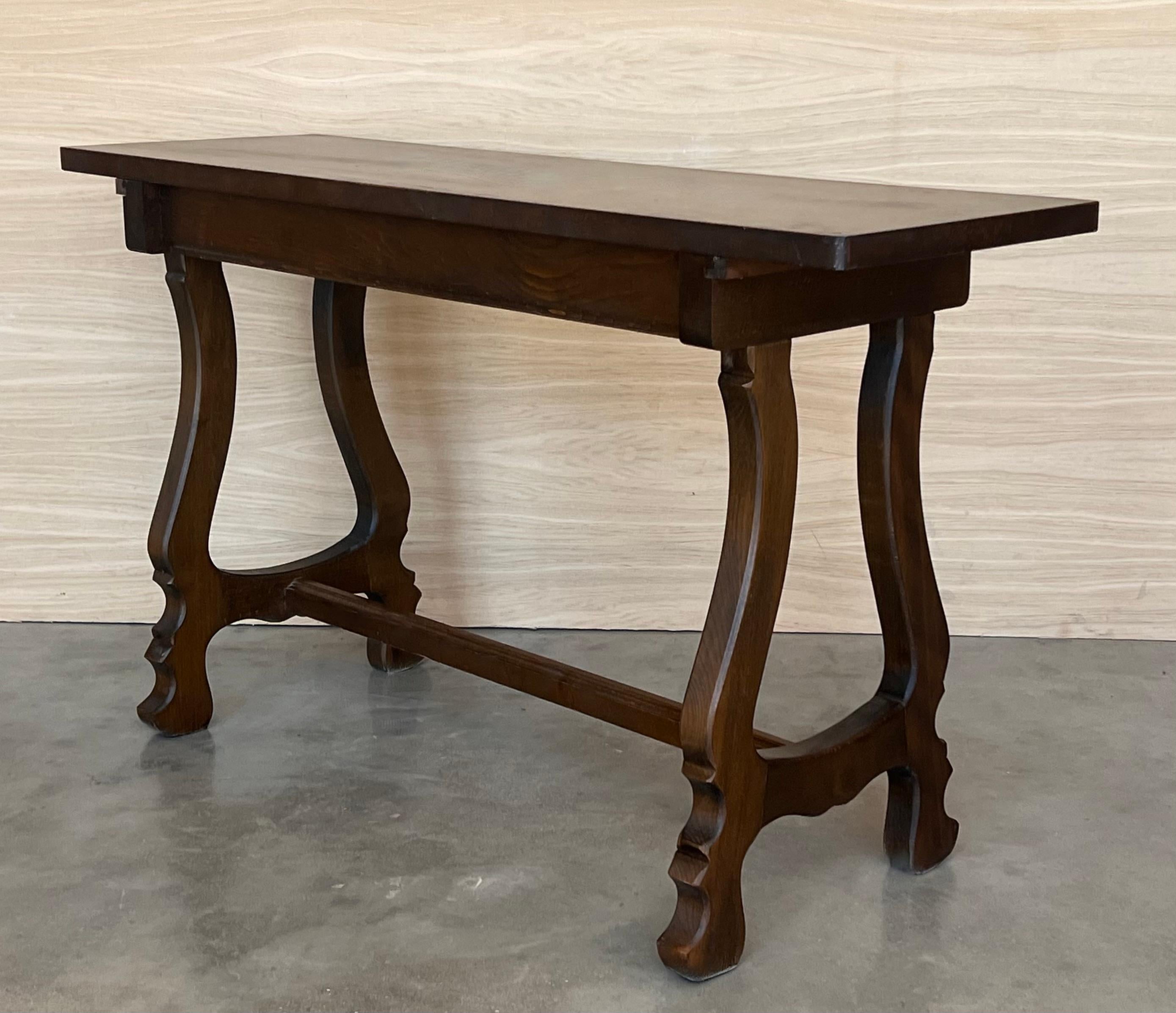 20th Century Spanish Walnut Console  Farm Table with Wood Stretcher 2