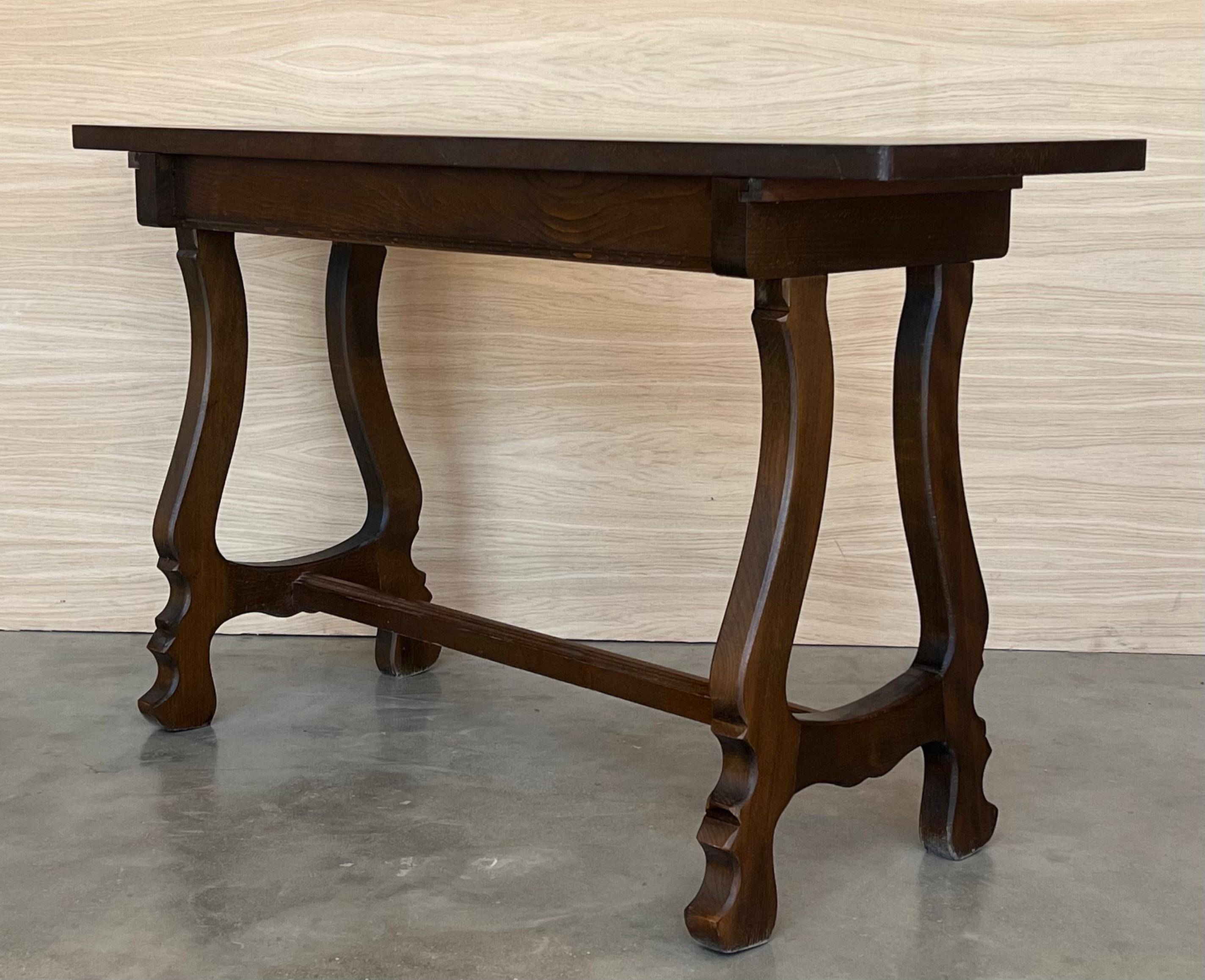 20th Century Spanish Walnut Console  Farm Table with Wood Stretcher 3