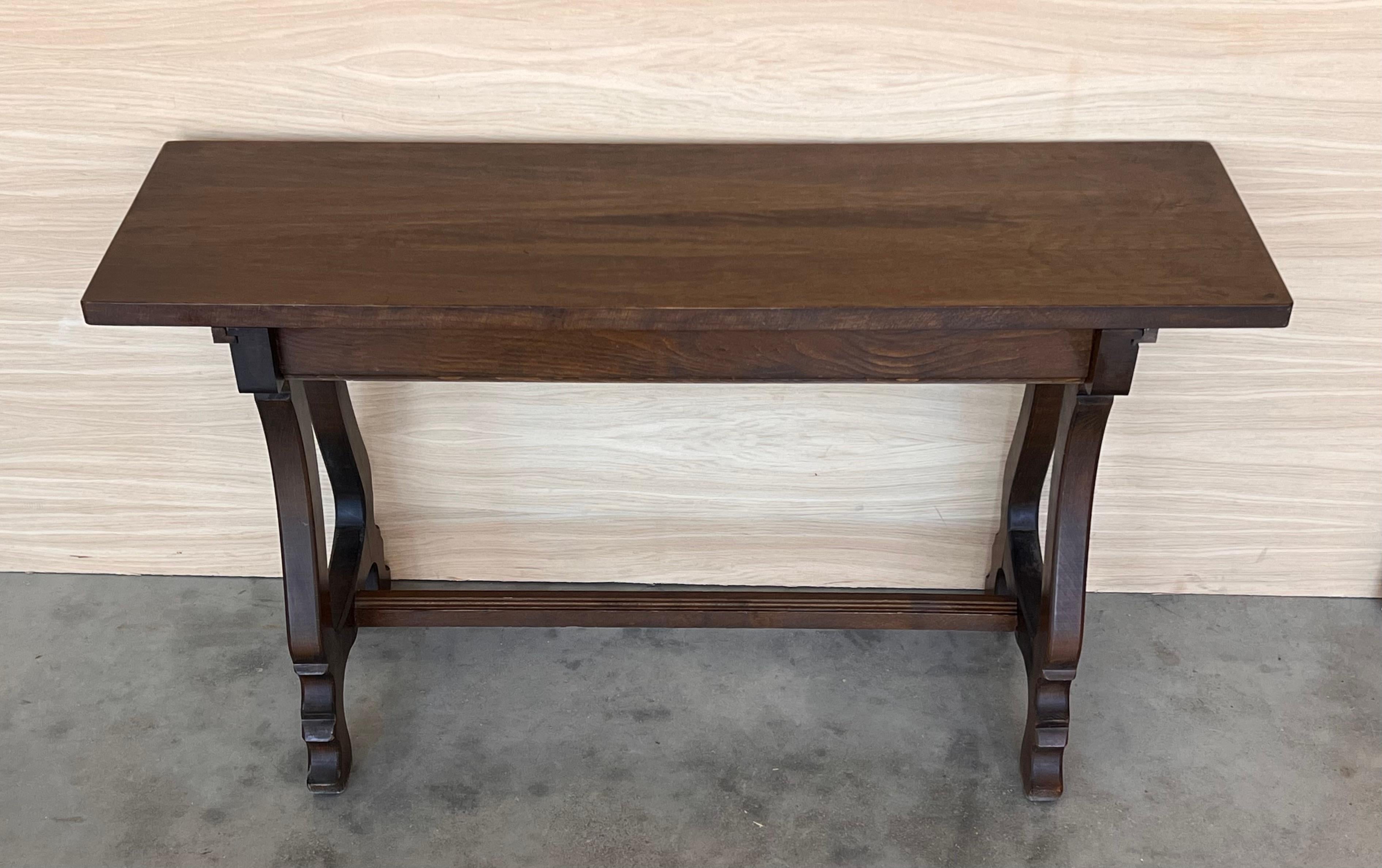 20th Century Spanish Walnut Console  Farm Table with Wood Stretcher 5