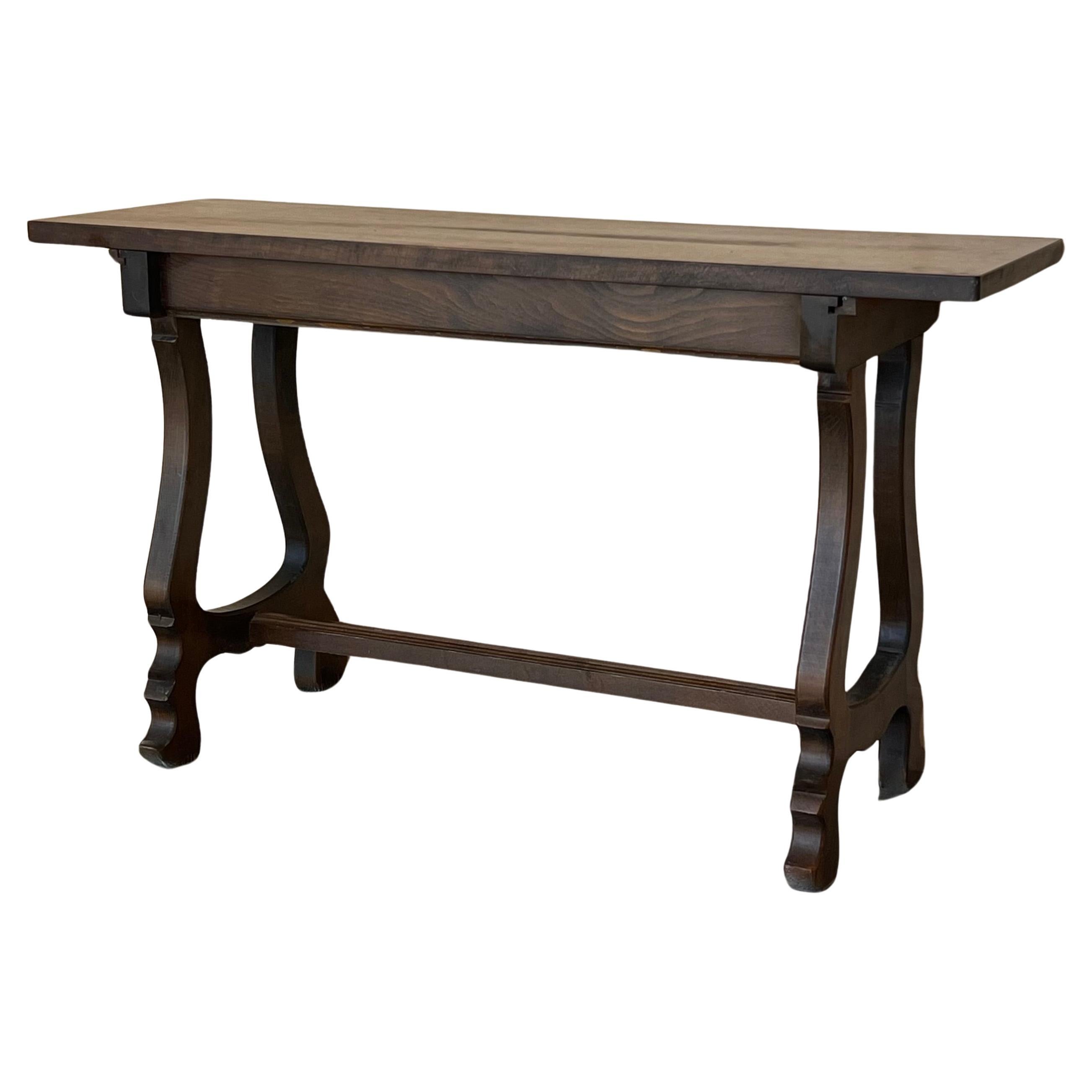 20th Century Spanish Walnut Console  Farm Table with Wood Stretcher For Sale