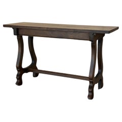 Used 20th Century Spanish Walnut Console  Farm Table with Wood Stretcher