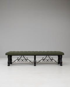 20th Century Spanish Wooden And Metal Bench With Upholstered Seat