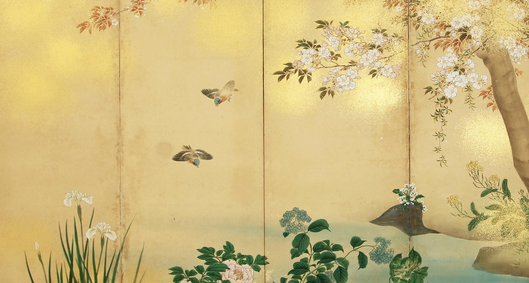 Showa 20th Century Spring Japanese Screen Hand Paint For Sale