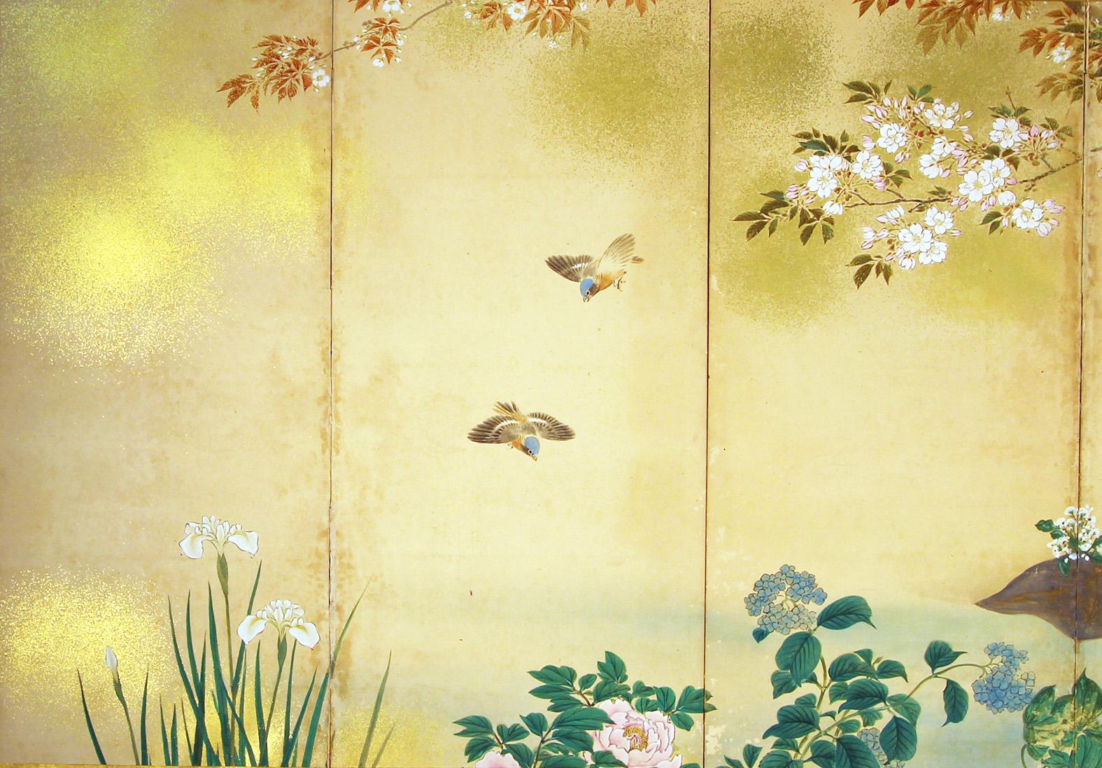 Paper 20th Century Spring Japanese Screen Hand Paint