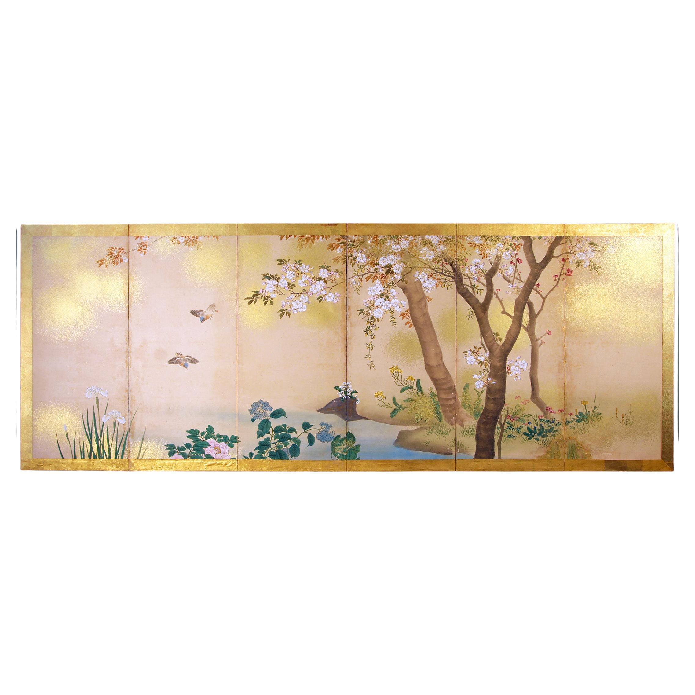 20th Century Spring Japanese Screen Hand Paint For Sale