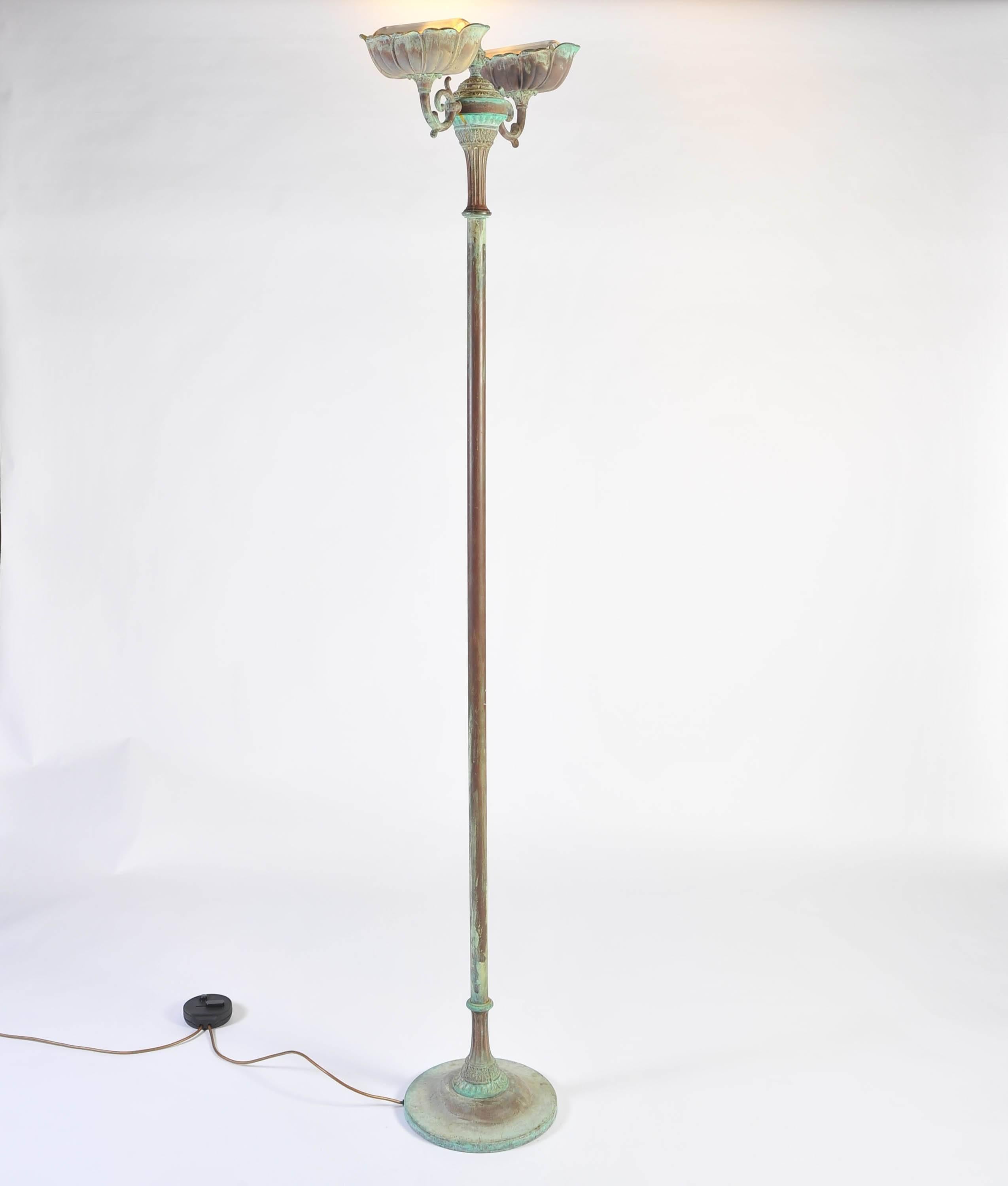 20th Century Standing Lamp, Verdi Gris Brass Uplighter In Excellent Condition In London, GB
