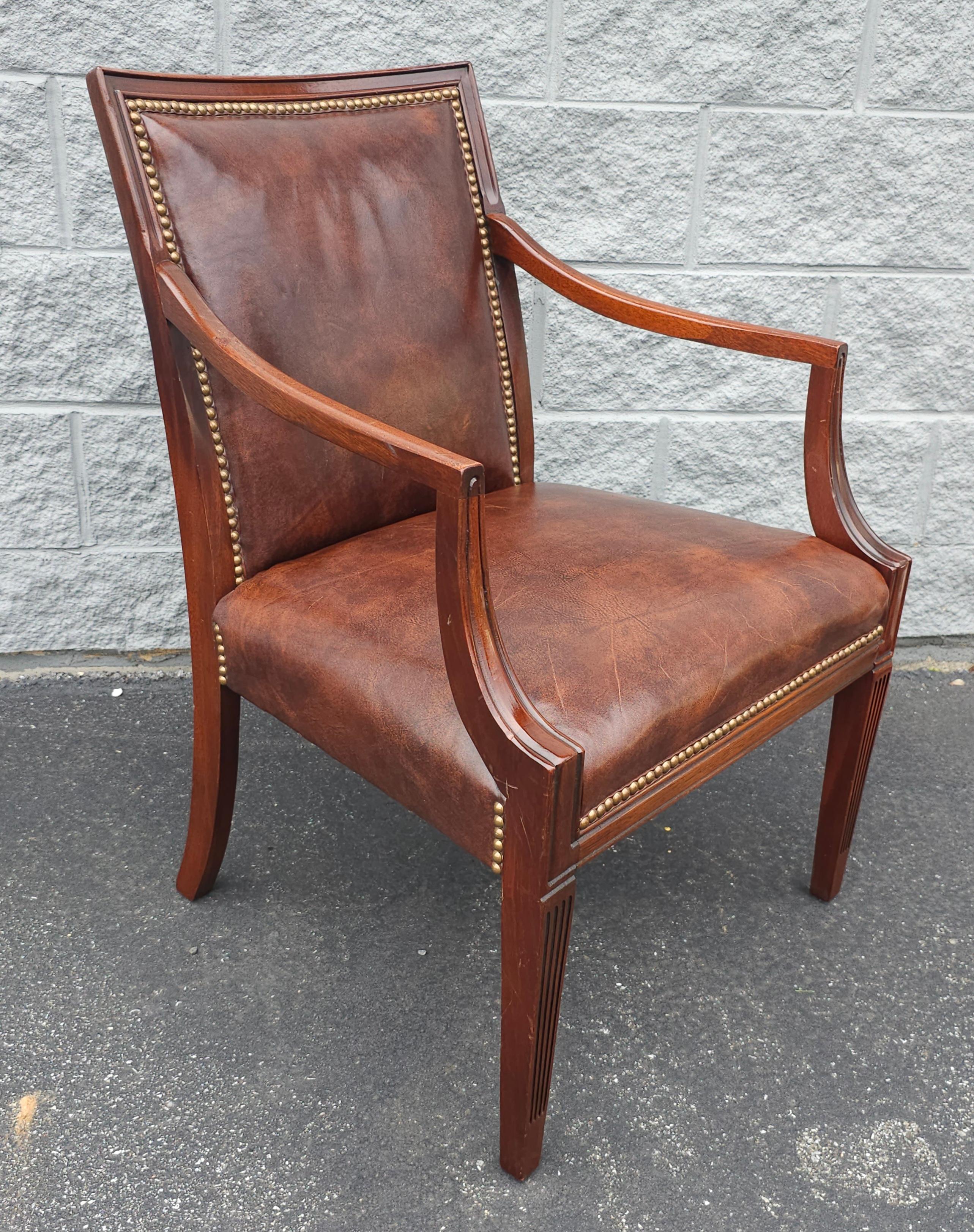 Mid-Century Modern 20th Century Stateville Chair Co. Mahogany and Leather Upholstered Armchair  For Sale