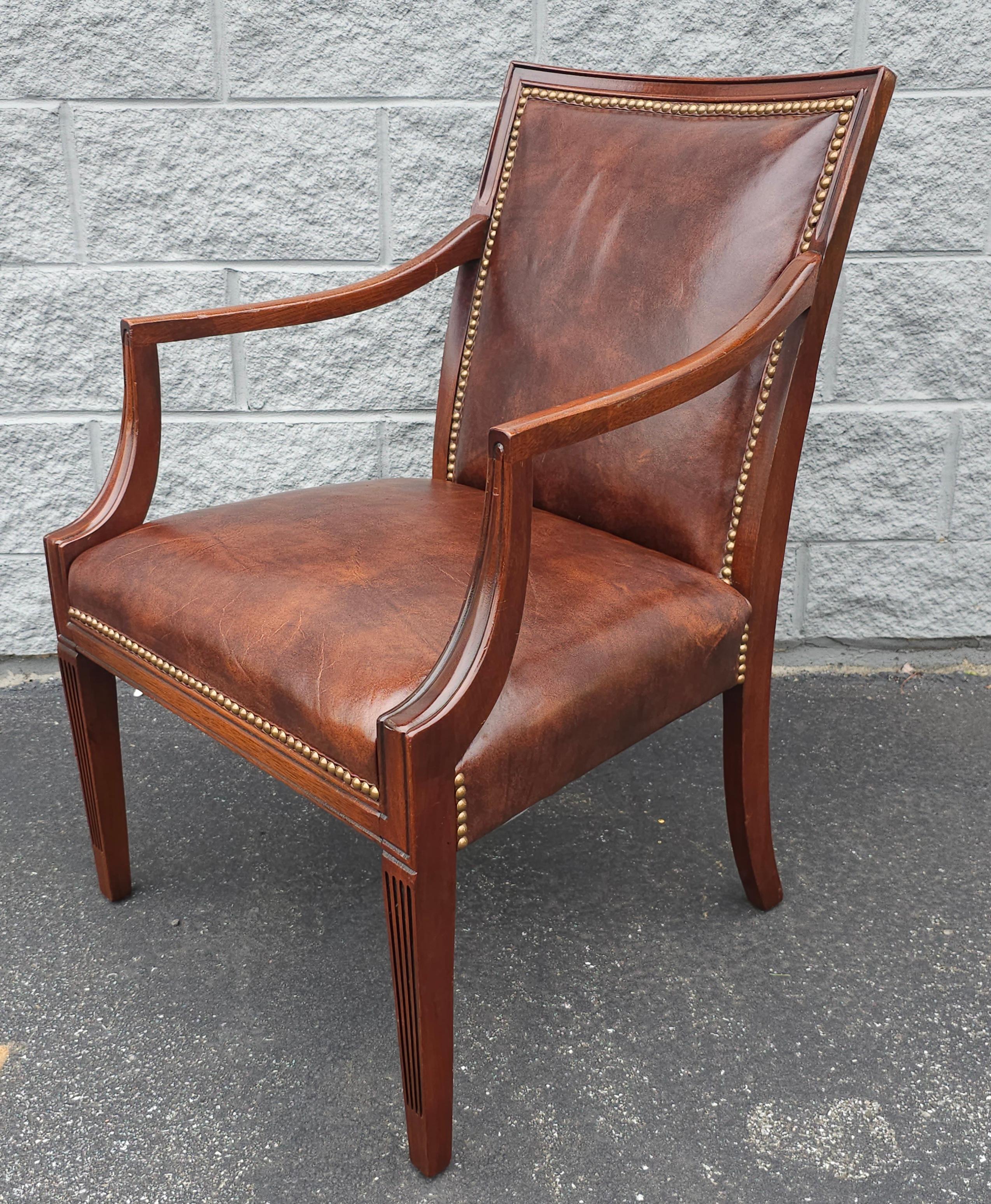 American 20th Century Stateville Chair Co. Mahogany and Leather Upholstered Armchair  For Sale