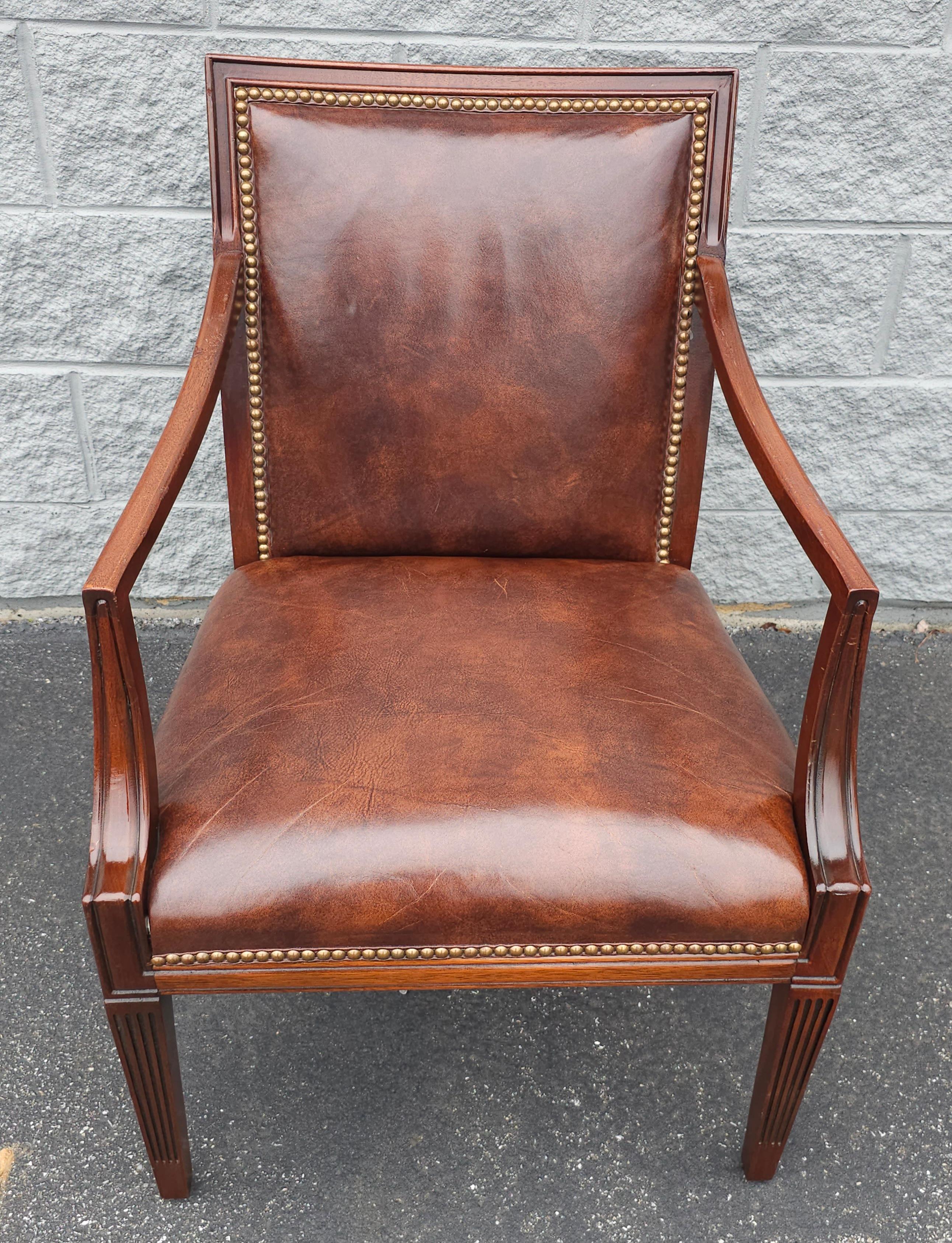 20th Century Stateville Chair Co. Mahogany and Leather Upholstered Armchair  In Good Condition For Sale In Germantown, MD