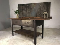 20th Century Steel Workbench Kitchen Island Pine Top