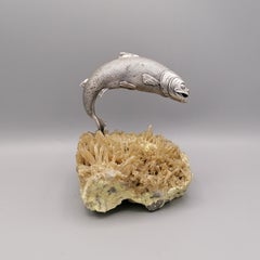 20th Century Sterling Italian Silver Trout Sculpture on a Crystal Base