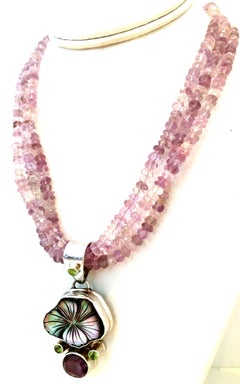 20th Century Sterling Silver 925, Amethyst, Peridot & Abalone Pendant Necklace