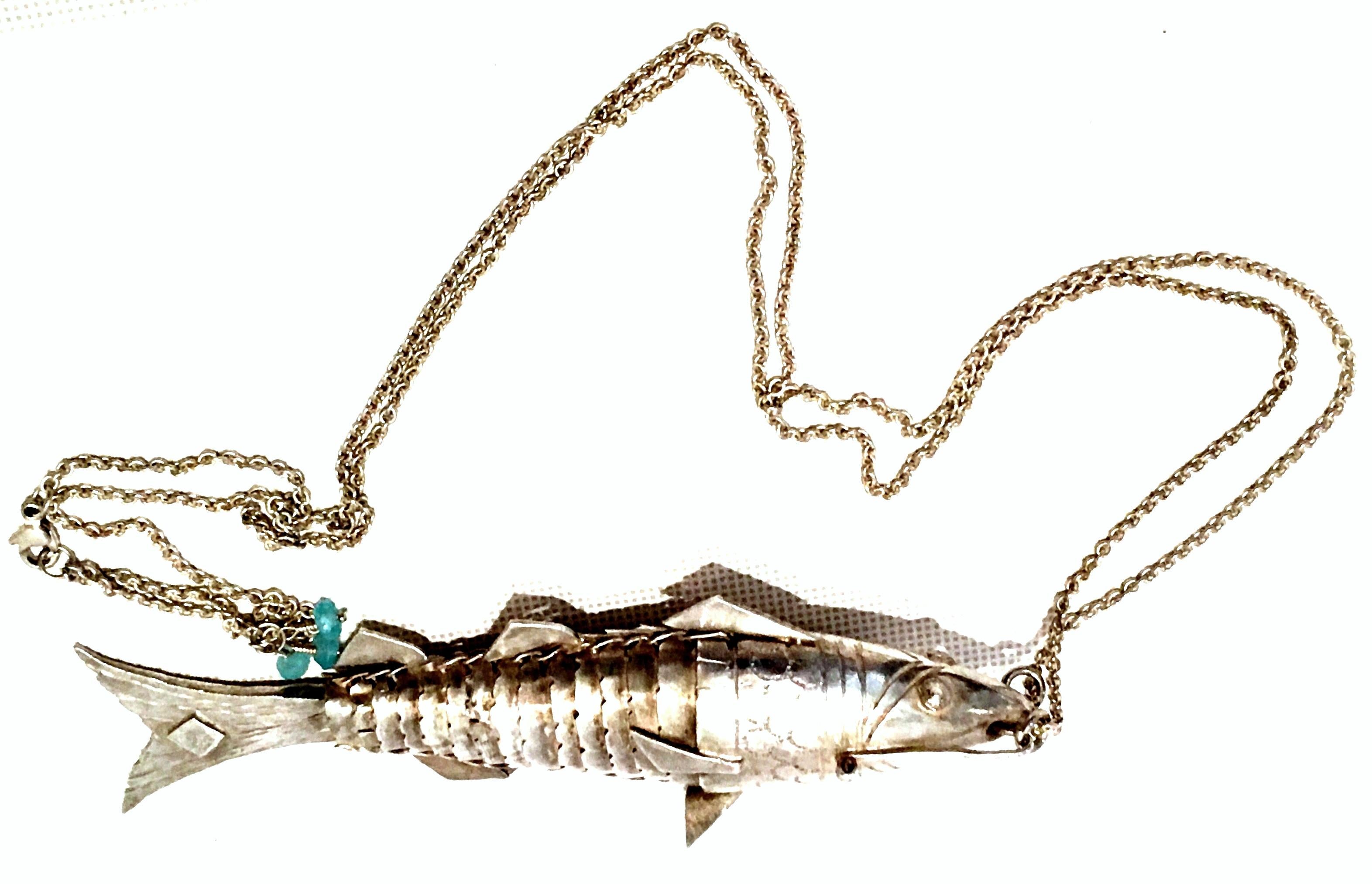 Women's or Men's 20th Century Sterling Silver Articulating Fish Pendant Necklace