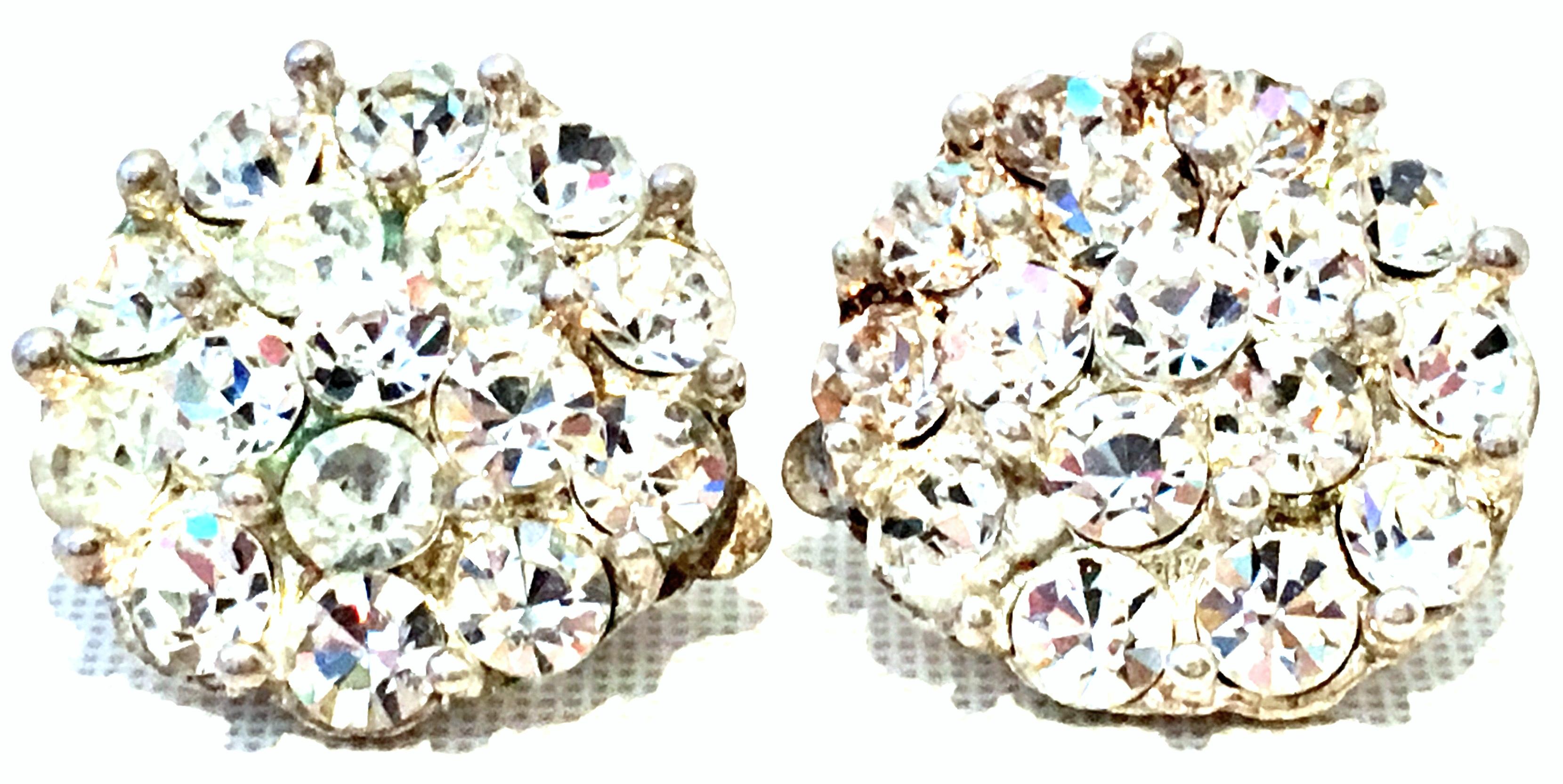20th Century Sterling Silver & Austrian Crystal Clear Rhinestone Earrings. Features incredible sparkling large Austrian Crystal Clear Rhinestones prong set in sterling silver, clip style closure.